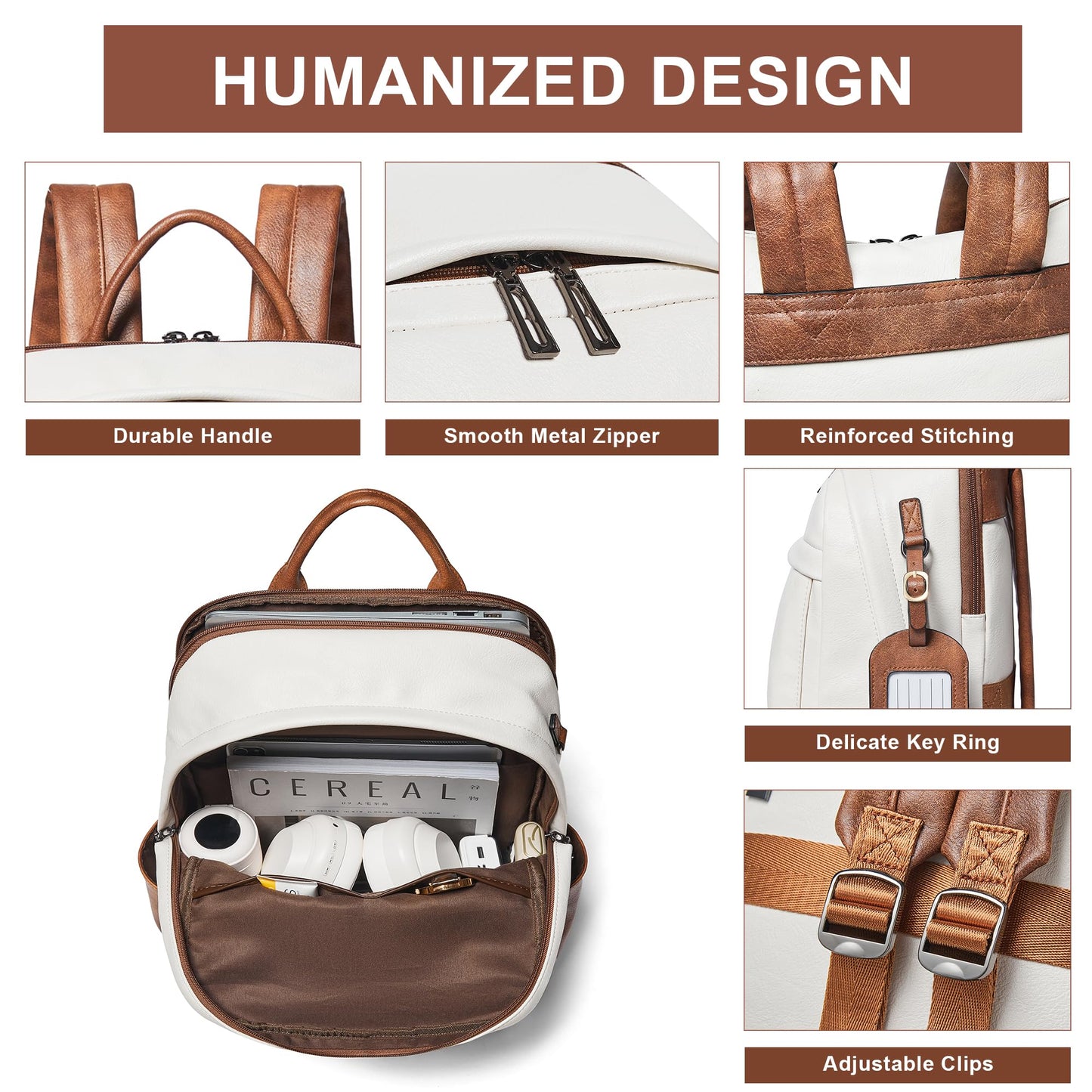 TIAMYI Vegan Leather Backpack for Women Travel Back pack with 15.6 inch Laptop Compartment, Vintage Ladies Computer Backpack, Beige