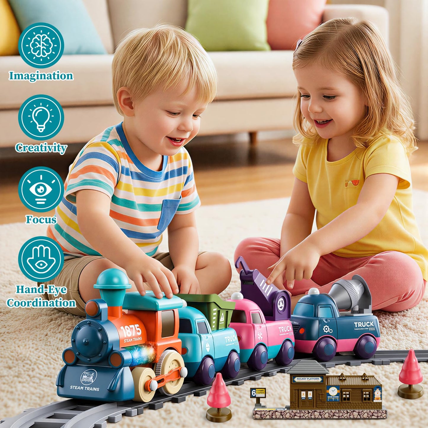 Train Set for Toddlers, Magnetic Train Toys for Toddlers 3+ Electric Train Set with Train Tracks Accessories Battery Operated, 4pcs Trucks Toy Train for Boys and Girls
