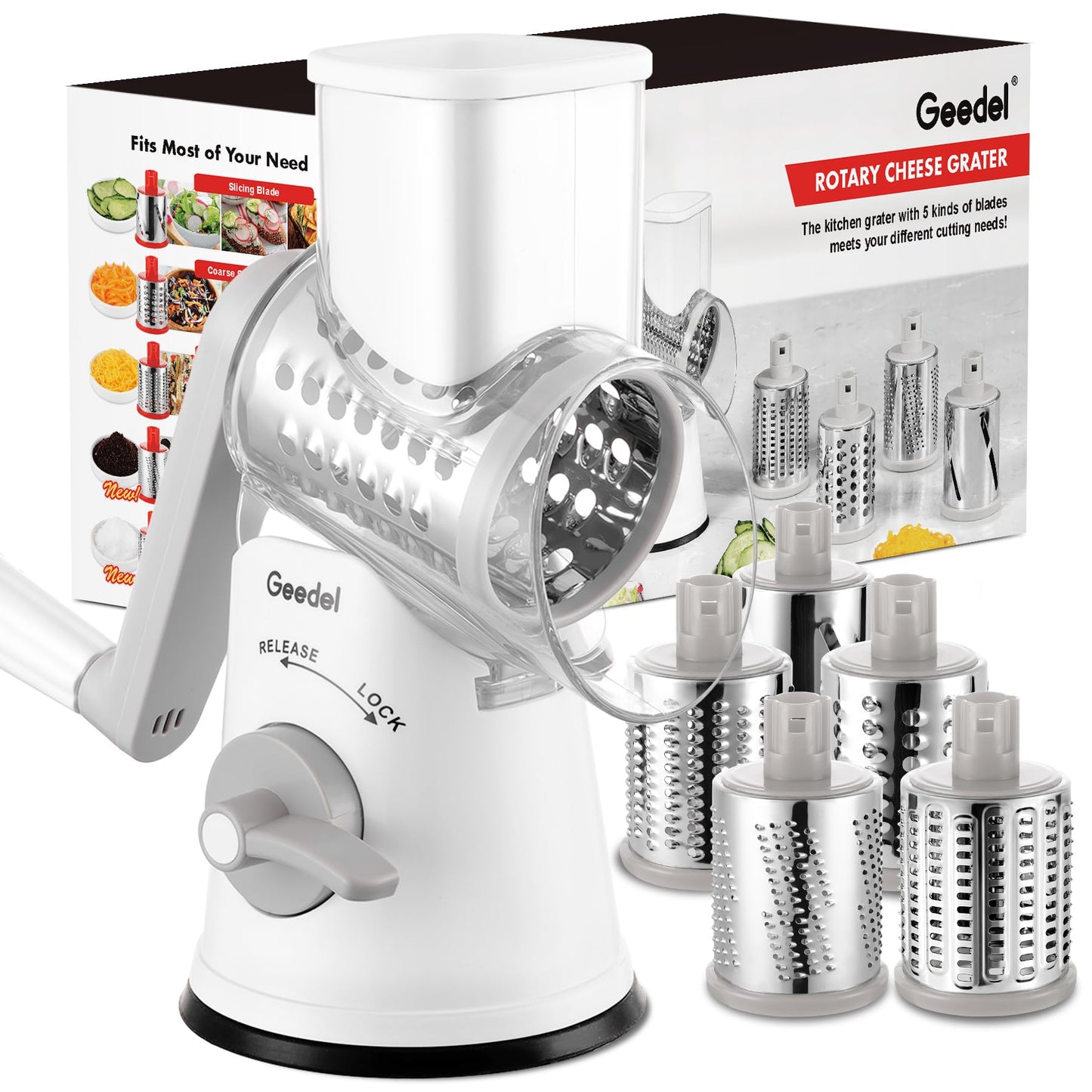 Geedel Rotary Cheese Grater, Mandoline Vegetable Slicer with 5 Interchangeable Blades, Easy to Use Rotary Grater Slicer for Fruit, Vegetables, Nuts, White