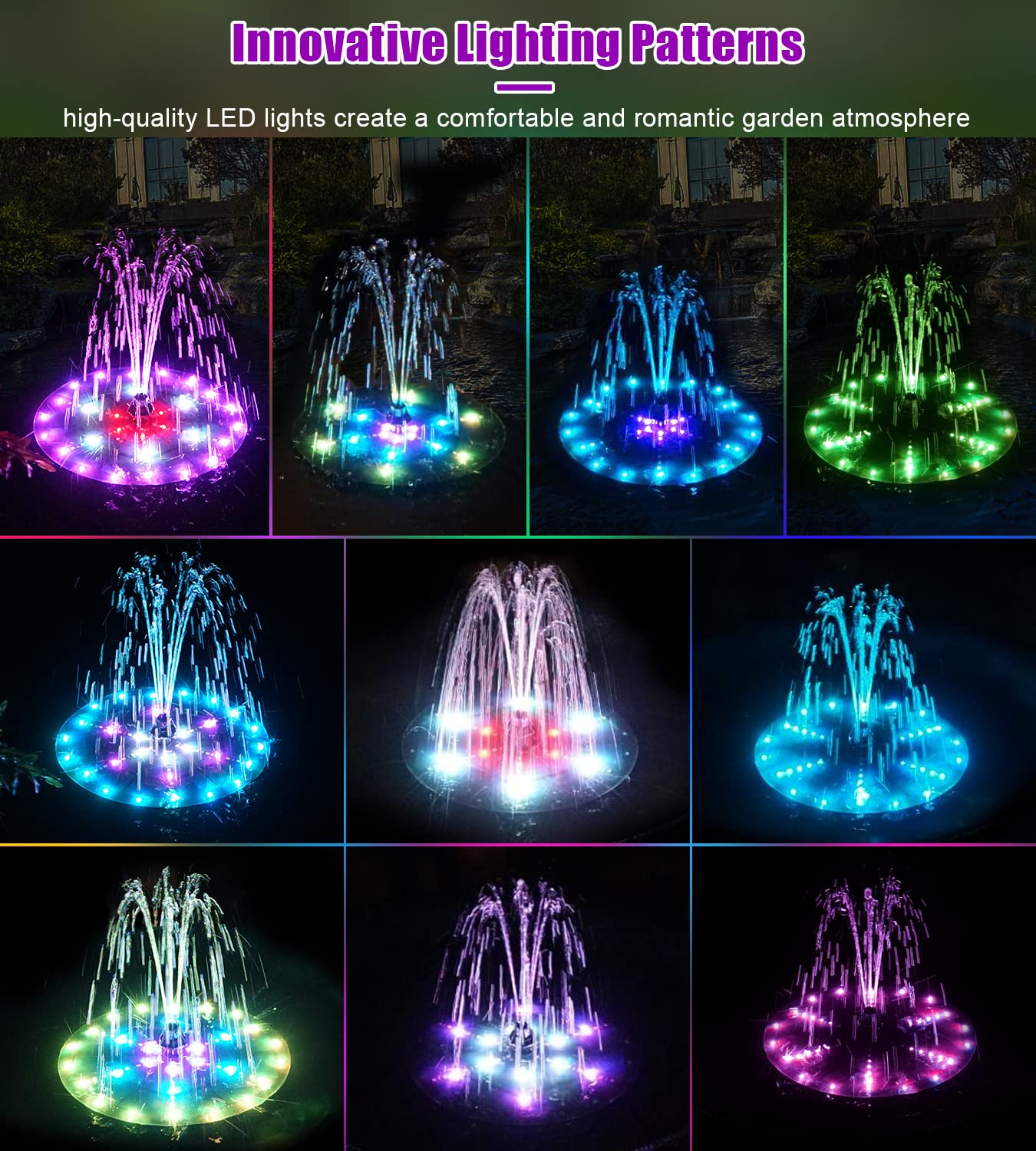 SZMP Solar Fountain 4W Bird Bath Fountains Upgraded 60LED Colorful Lights, Solar Powered Fountain Pump with 4000 Battery, Solar Water Fountain with 7 Nozzle & 4 Fixer for Garden, Bird Bath, Pool, Pond