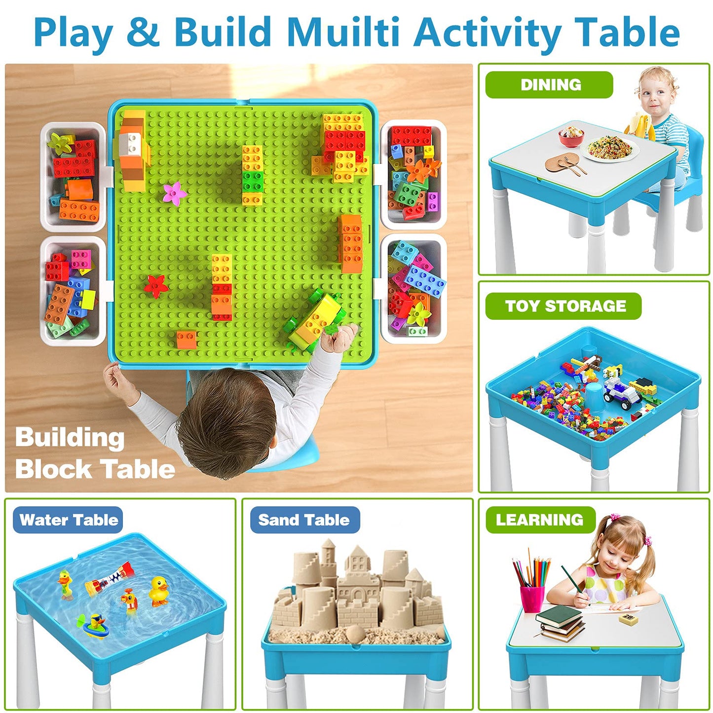 burgkidz 5-in-1 Multi Activity Play Table Set with Storage Includes 1 Chair and 128 Pieces Compatible Large Bricks Building Blocks for Kids Ages 2 and Up, Blue