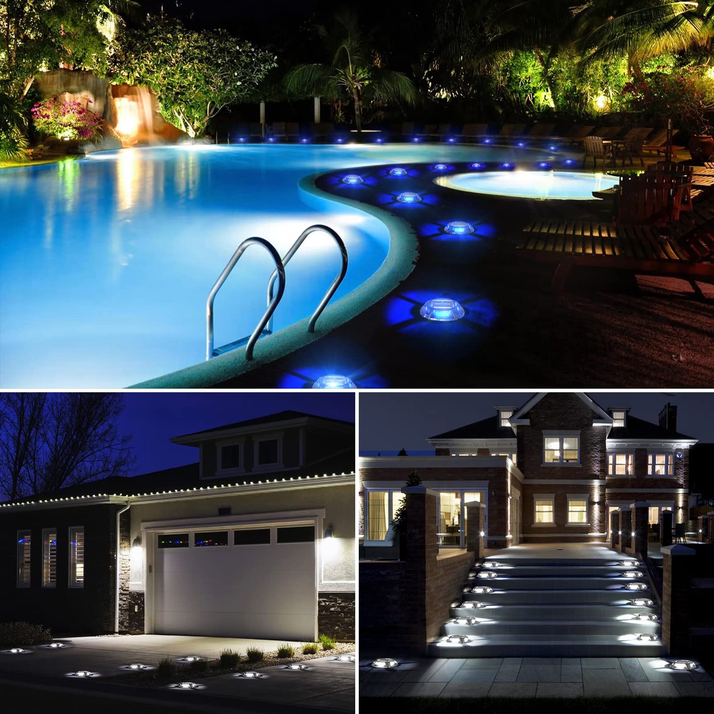 Quntis 12Pcs Solar Deck Lights, 2 Color Modes Blue+White Solar Driveway Lights, IP68 Waterproof Dock Lights Warning Step Lights, Aluminum Solar Lights Outdoor for Garden Stair Path Walkway