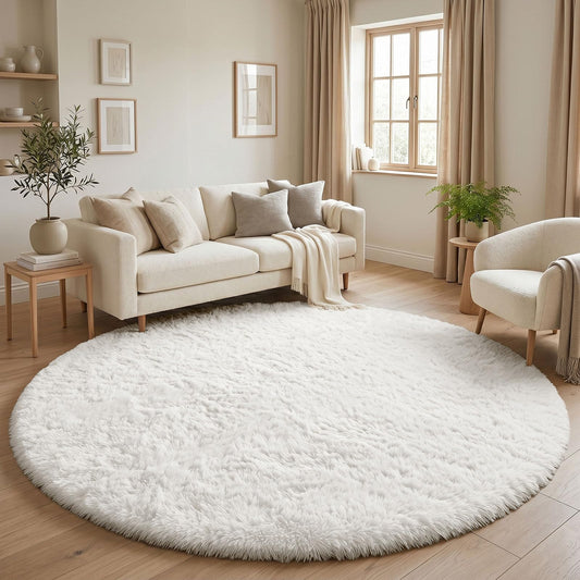 OLANLY Cream White Round Rugs for Bedroom, 7 Ft Machine Washable Circle Area Rugs for Living Room, Non-Slip Fluffy Carpet for Teen Girls and Boys, Dorms, Nursery Rooms, Home Decor Aesthetic
