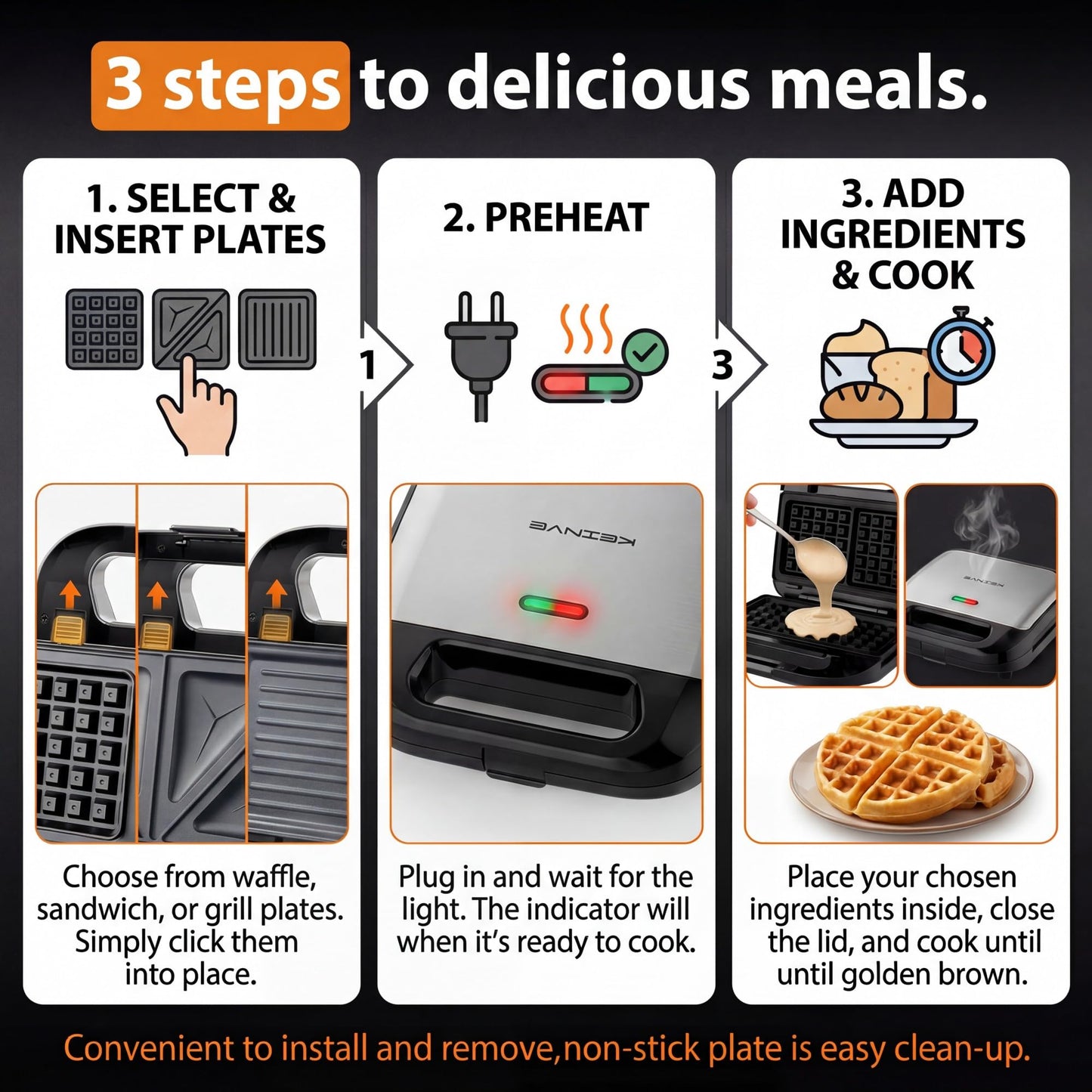 KEINVE 3 in 1 Sandwich Maker & Waffle Maker, Removable Non-Stick Plates, Panini Press, Grilled Cheese Maker, Cool-Touch Handle, LED Light, Easy Clean, 750W, for Home Kitchen Breakfast