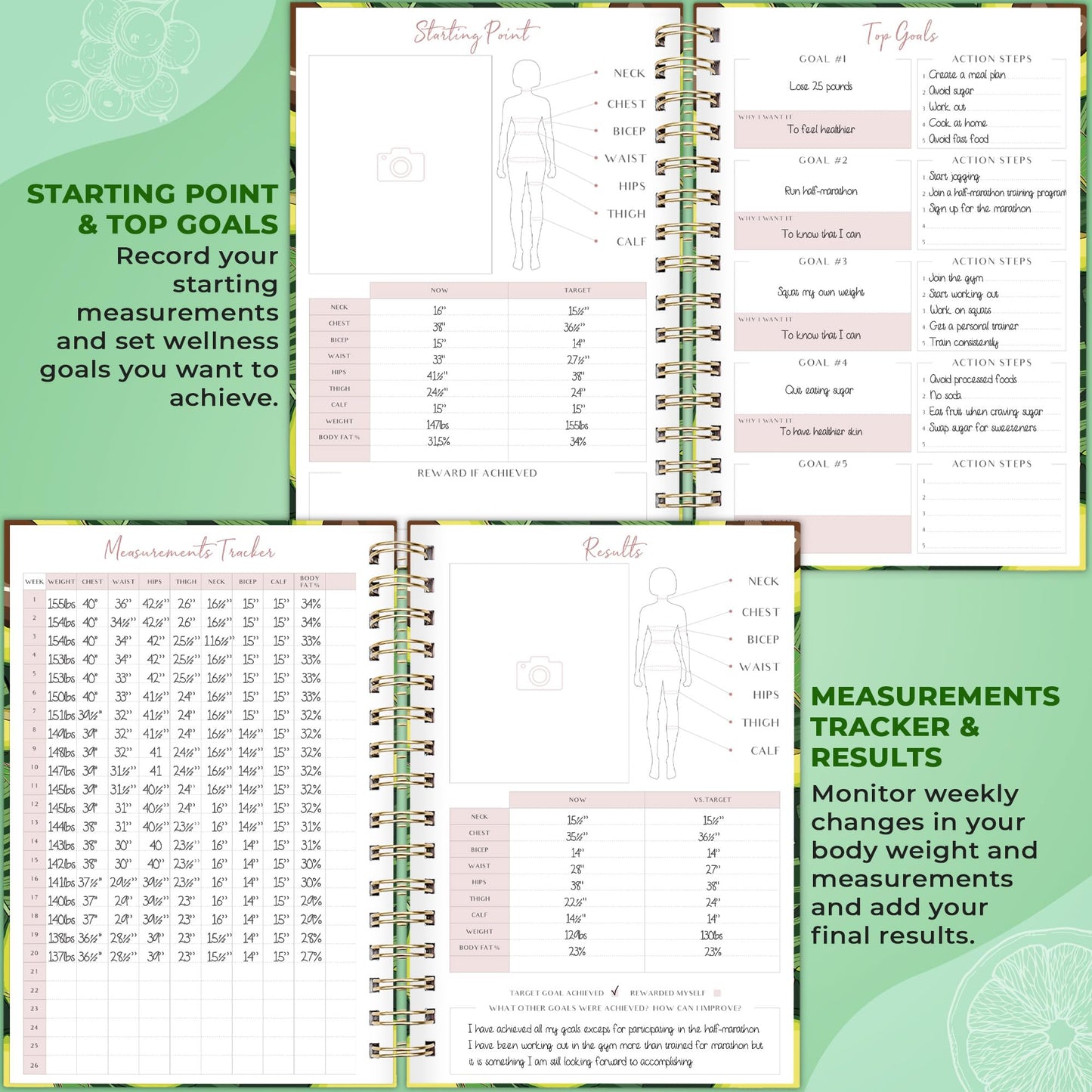 PLANBERRY Food Journal Premium – Nutrition Planner with Diet & Calorie Tracker – Wellness Diary for Tracking Meals & Exercise – Weight loss Journal - 6.3x8.5″ Hardcover (Avocado Green)