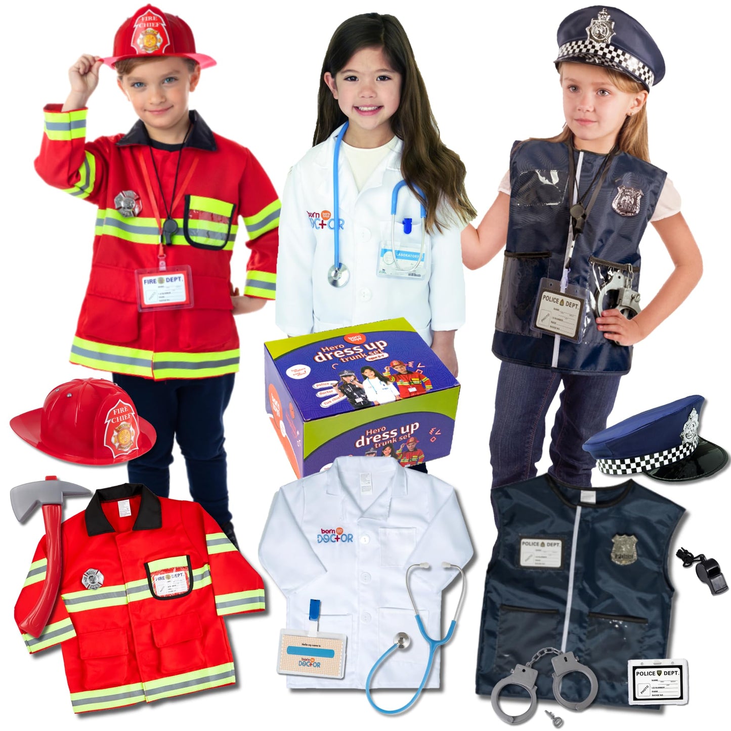 Born Toys Costume Dress Up & Pretend Play - Premium Hero First Responder Set - Fireman, Police & Doctor Set for Kids Ages 3-7