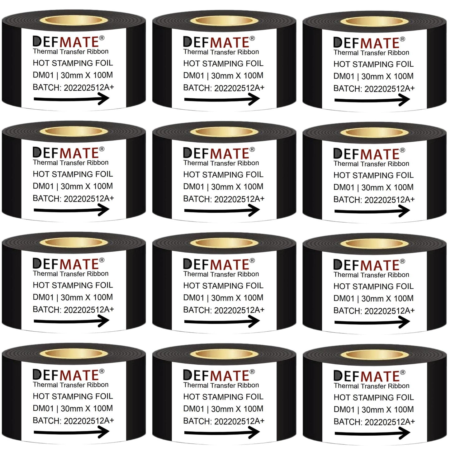 DEFMATE 12 Rolls 30mm x 100m Black Hot Stamping Foil Thermal Transfer Ribbon Resin for Coder Printer Machine, Black Color Ribbon for Coding Machine