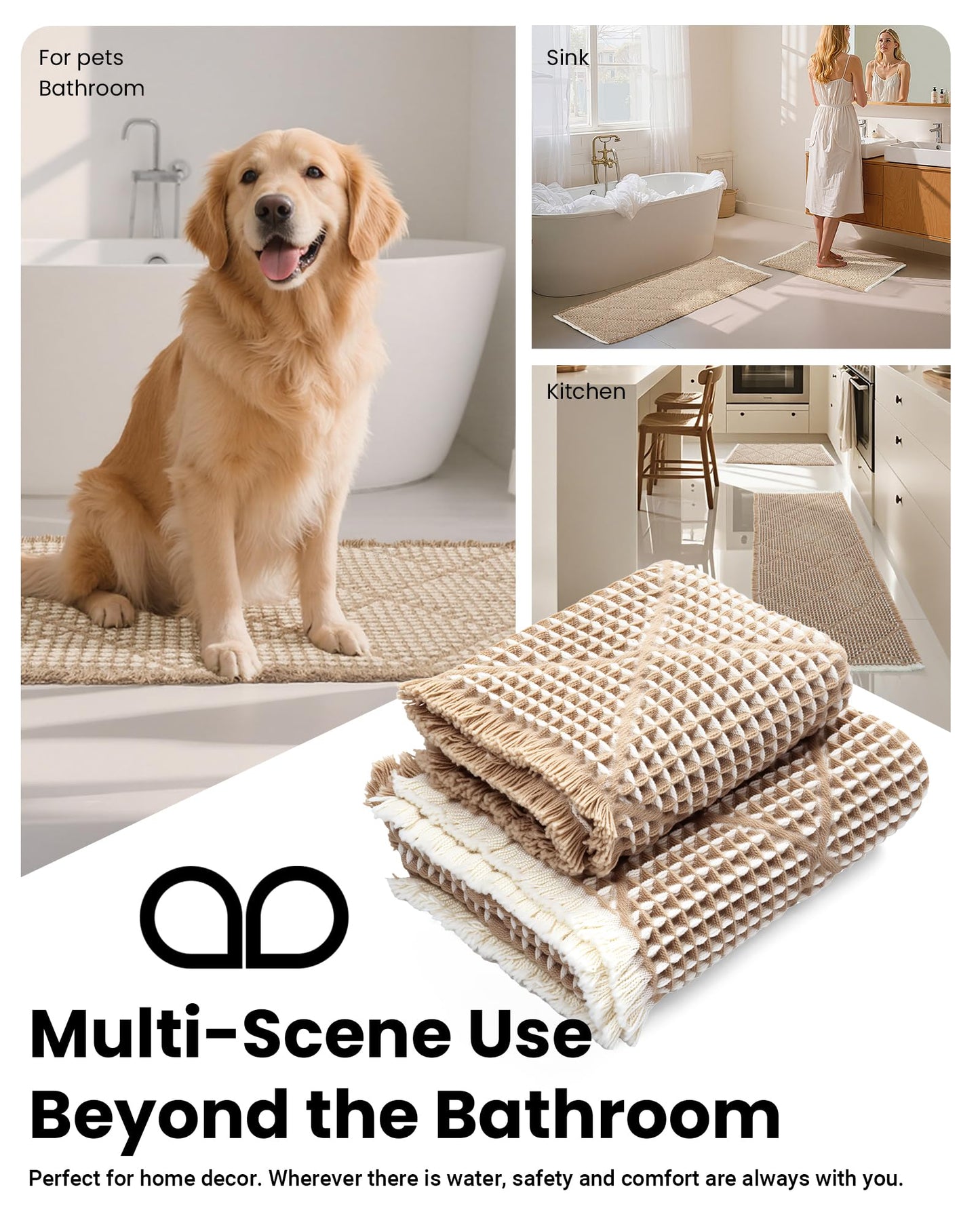 Furicher Waffle Bath Mat Non Slip, Boho Bathroom Mat Set 2 Piece, Ultra Absorbent Bathroom Rug, Brown Bath Mats for Bathroom Decor, Long Washable Bath Mat, Bathroom Runner 20"×47" + 18"×30"