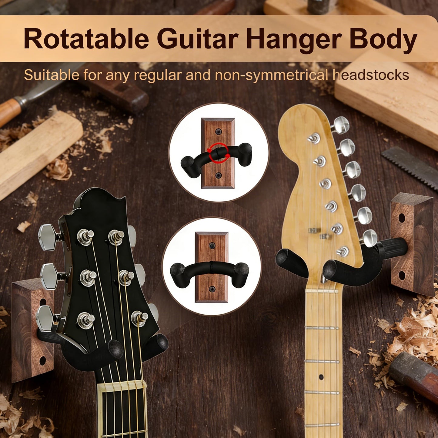 Black Walnut Guitar Wall Mount 4 Pack Guitar Hanger Wall Hook Holder Stand Display - Easy to Install - Fits All Size Guitars Bass Mandolin Banjo Ukulele