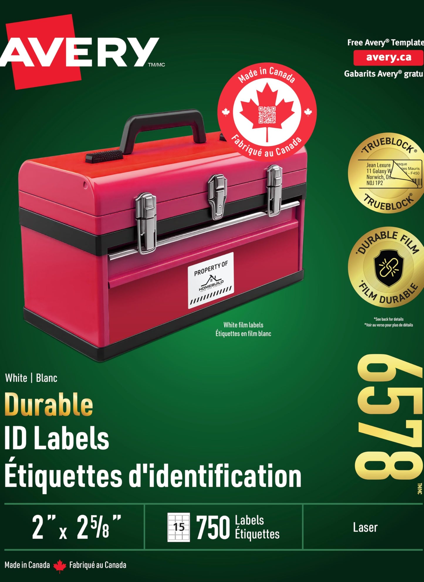 Avery Durable ID Labels with TrueBlock Technology for Laser Printers, 2-5/8" x 2", White, Rectangle, 750 Labels, Permanent (6578), Made in Canada