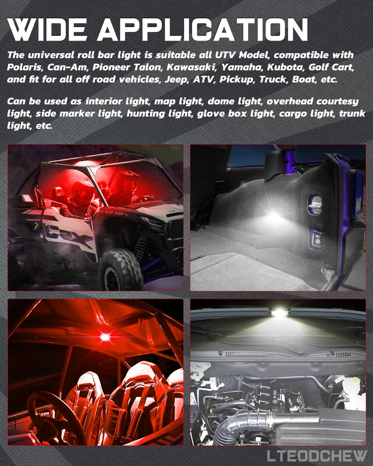 LED UTV Dome Light Red White 12V W/Switch, IP68 Waterproof Aluminum Universal Roll Bar Mount LED Interior Dome Light for UTV Can-Am Commander Defender Maverick X3 ATV Polaris RZR Truck
