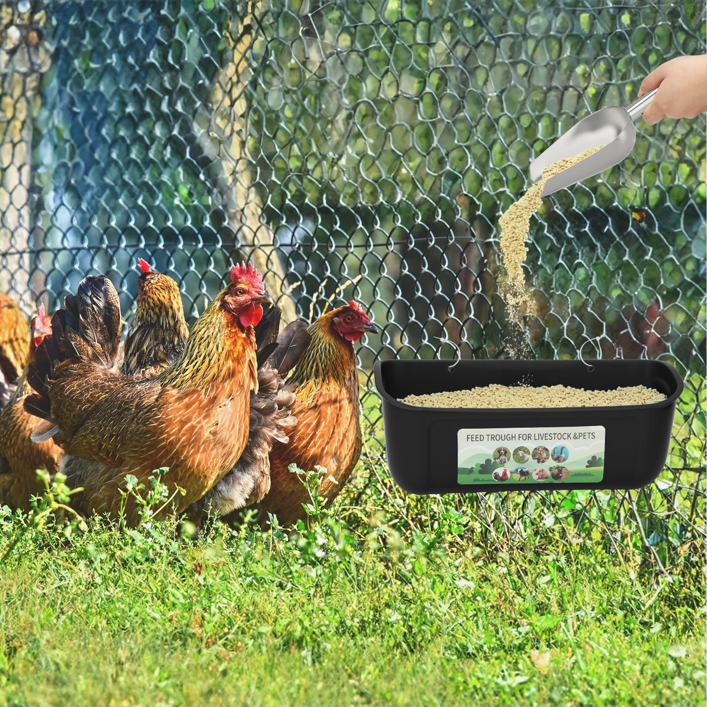 10 Pack Fence Feed Feeder 4.5 Quart Hanging Chicken Feeder Trough with Brush & Scoop Black Goat Hanging Fence Feeders Feeder with Hooks Screws & Zip Tie for Livestock Feeding Container Goats Supplies