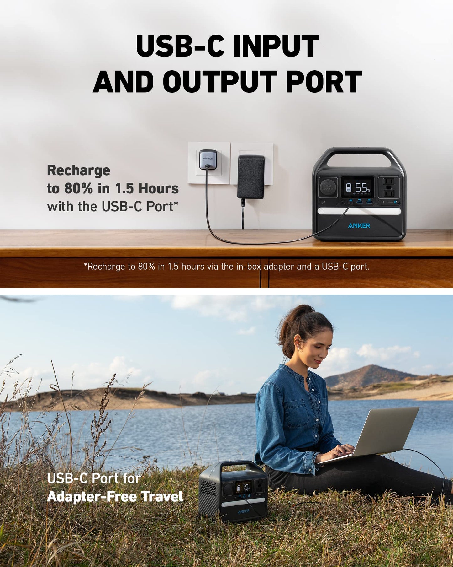 Anker 521 Portable Power Station (Powerhouse 256Wh), 6-Port Powerhouse 200W/256Wh with Solar Generator, 2 AC Outlets, 60W USB-C Power Delivery Output, LED Light for Outdoor RV, Emergencies and More