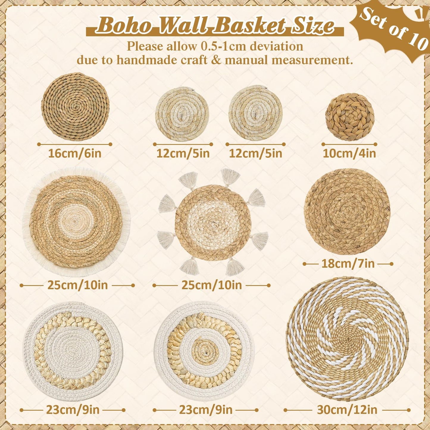 LOMOHOO Set of 10 Boho Wall Basket Decor Wicker Woven Wall Basket Decorations Bohemian Handcrafted Round Basket Hanging decor Bulrush Wall Art Decors for Living Room Rustic Home