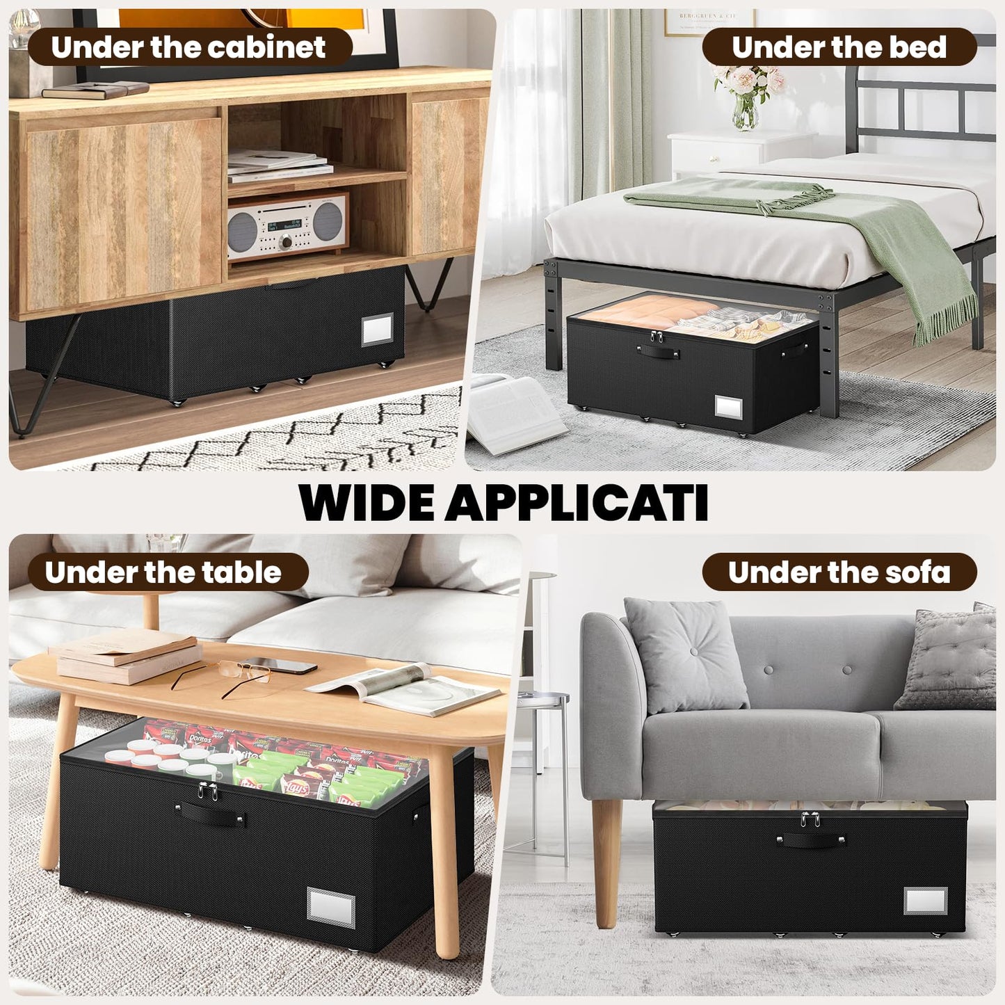 Dayacoco Under Bed Storage with Wheels, 2 Pack Under Bed Storage Containers with Clear Lids, 10 inch Rolling Under Bed Metal Drawer for Clothes, Shoes, Toys, Books, Blankets (Black)