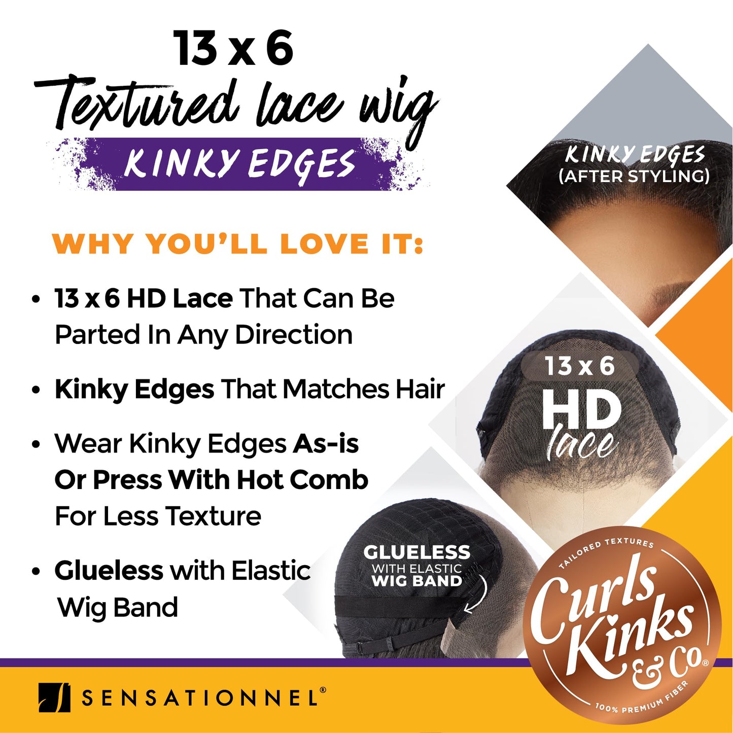 Sensationnel Curls Kinks&Co Synthetic Textured Lace Front Wig - 13X6 Kinky Body Wave 18" (Color:1B OFF BLACK)