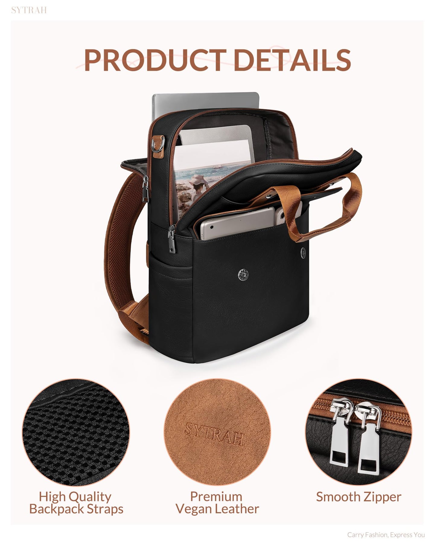 SYTRAH Leather Laptop Backpack 15.6 Inch Womens Laptop Bag, 3 IN 1 Computer Bag Handbag with Colorful Shoulder Bag Strap for Work Travel College Black Brown