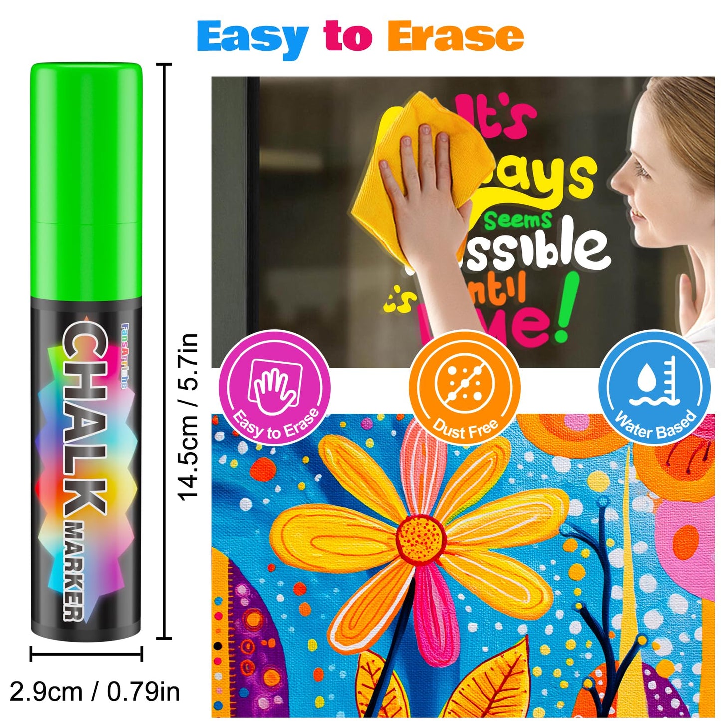 FansArriche Window Markers - 15mm Jumbo- 12 Pack Liquid Chalk, 3-in-1 Tip Bright Automotive Markers for chalkboard marking of windows, chalkboards, glass