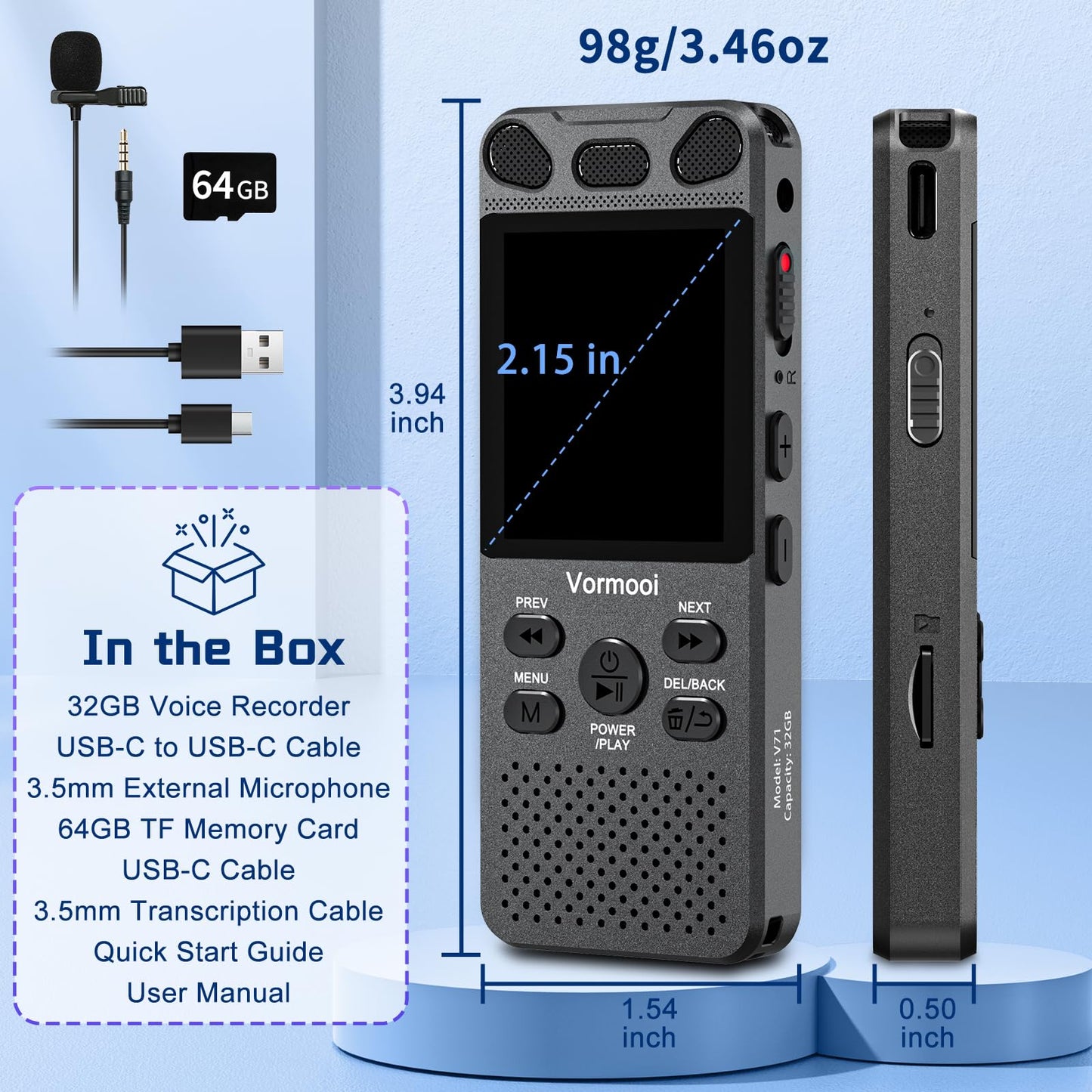 96GB Voice Recorder with Playback - 110 Hours Ultra-Long Continuous Recording, Vormooi 1536Kbps Voice Activated Audio Recorder with External Microphone for Lecture Interview Meeting