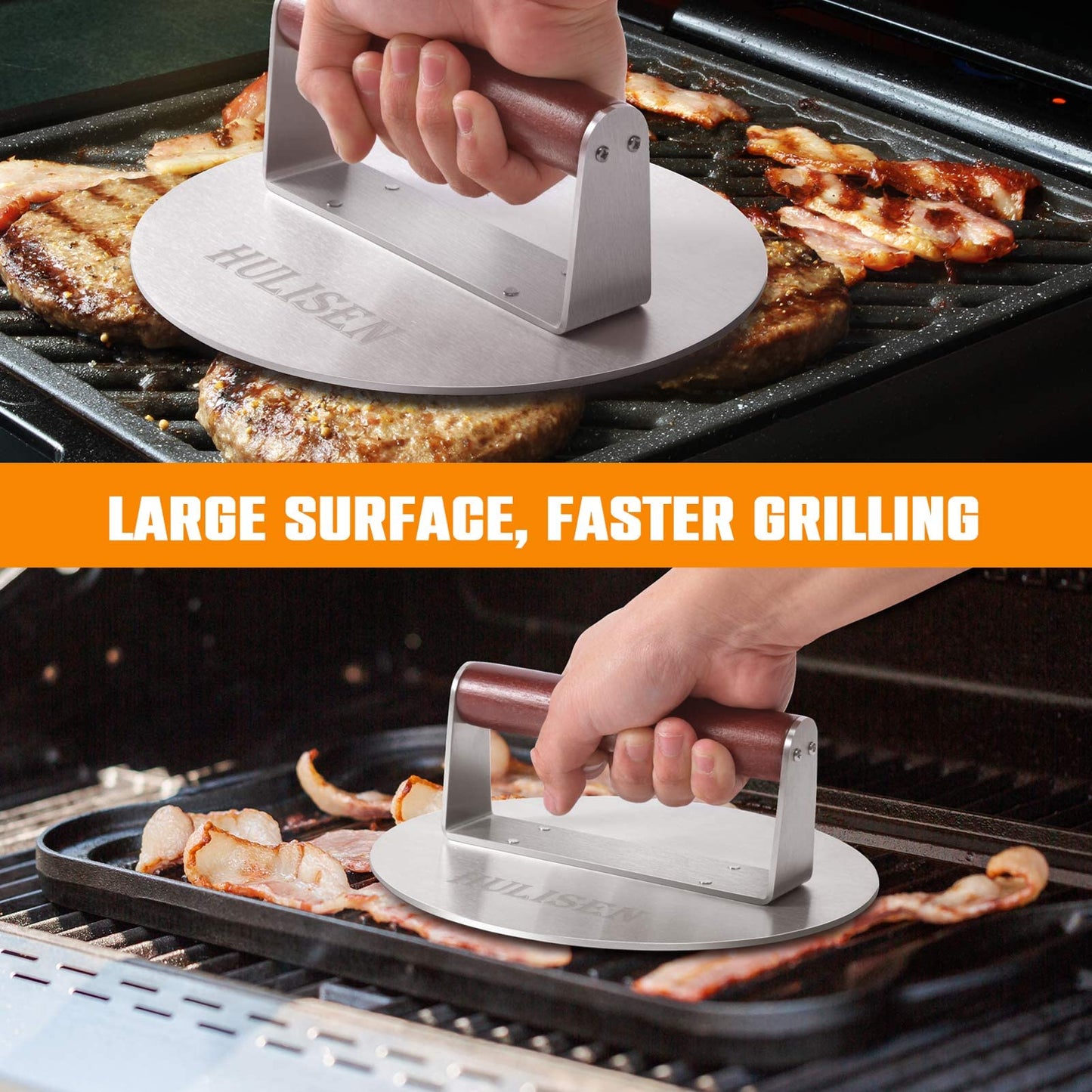 HULISEN 8.4-Inch Burger Press, 2.5 lbs Heavy Duty Bacon & Grill Press, Stainless Steel Smashed Burger Press, Round Smasher with Wood Handle, BBQ Griddle Accessories for Hamburger, Steak, Meat