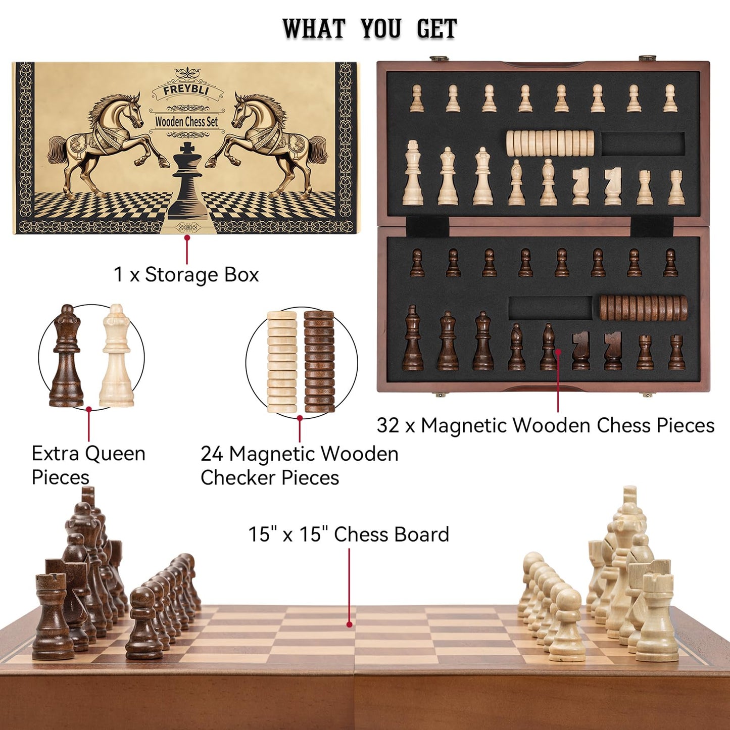 FREYBLI Magnetic Wooden Chess Board Set for Adults Kids, Handcrafted 15 Inch Chess and Checkers Set, Folding Portable Travel Unique Chess Game for Tournament Professional Beginner, 2 Extra Queens