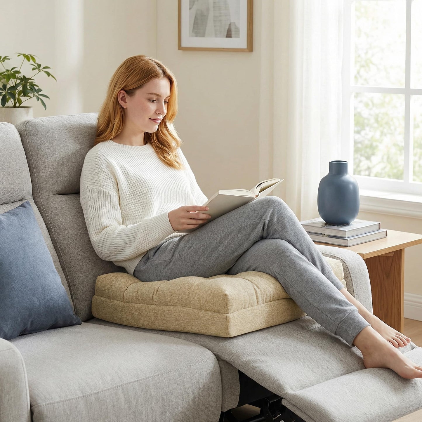 baibu Extra Large Memory Foam Recliner Cushions for Elderly, 20x20x5 Inch Thick Dual-Layer Patent Design Non-Slip Recliner Seat Cushion for Couch for Easy to Stand Up & Reduce Hip & Lumbar Pain, Beige