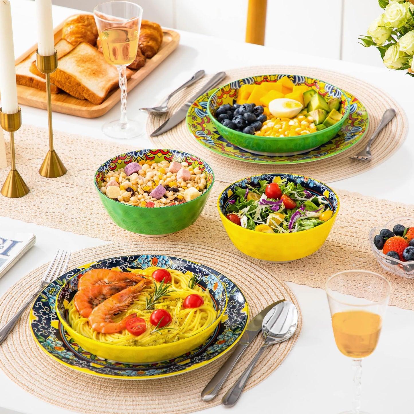 vancasso 32 Oz Pasta Bowls Sets of 6, Ceramic Large Colorful Salad Serving Bowls for Kitchen, Dishwasher & Microwave Safe, Pasta Plates, Dishwasher & Microwave Safe, Series KRVI