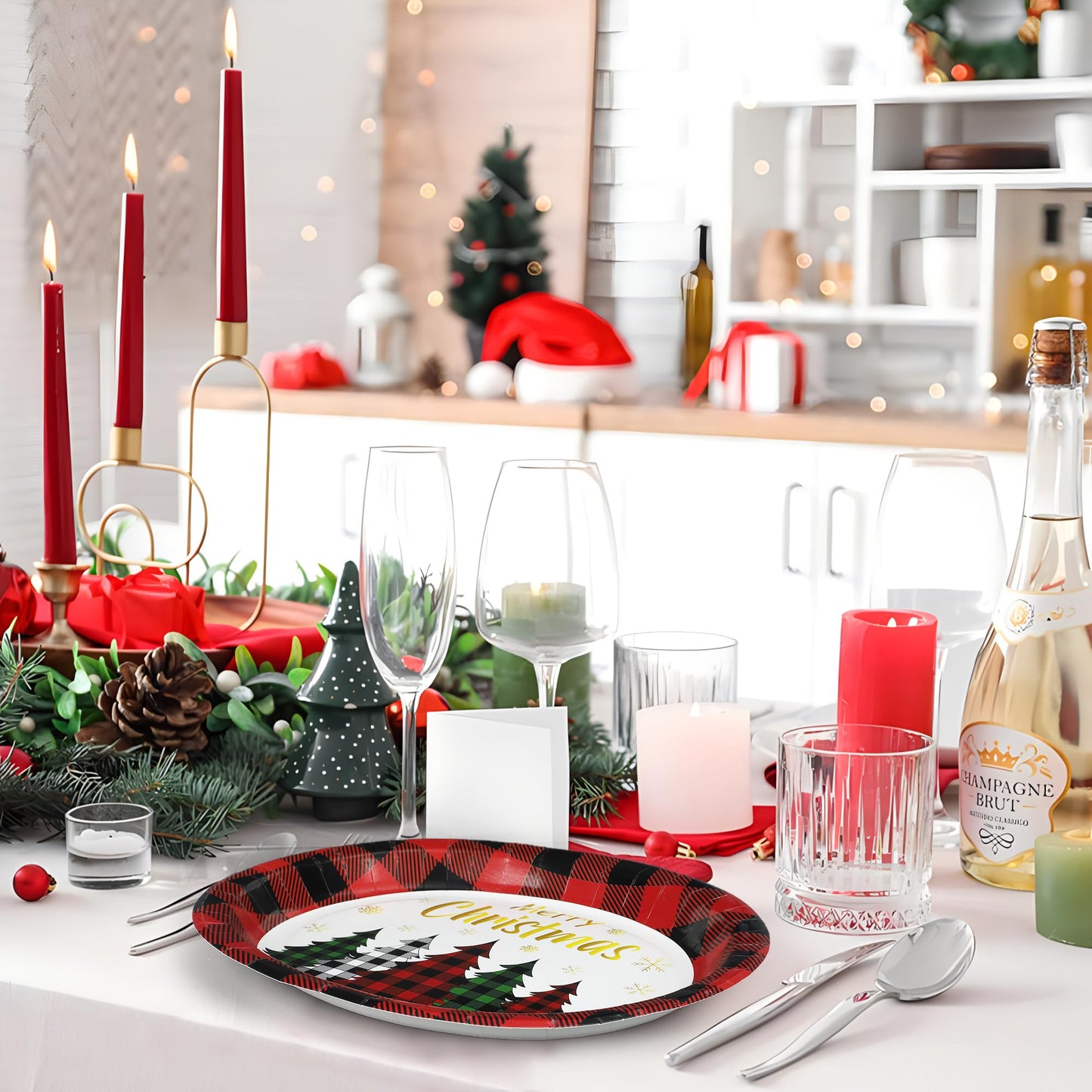 Christmas Paper Platters Disposable Christmas Trees Oval Party Plates 10" x 12" Large Buffalo Plaid Xmas Dinner Serving Platters for Xmas Party Supplies Dinnerware Table Decorations, 50 Pcs