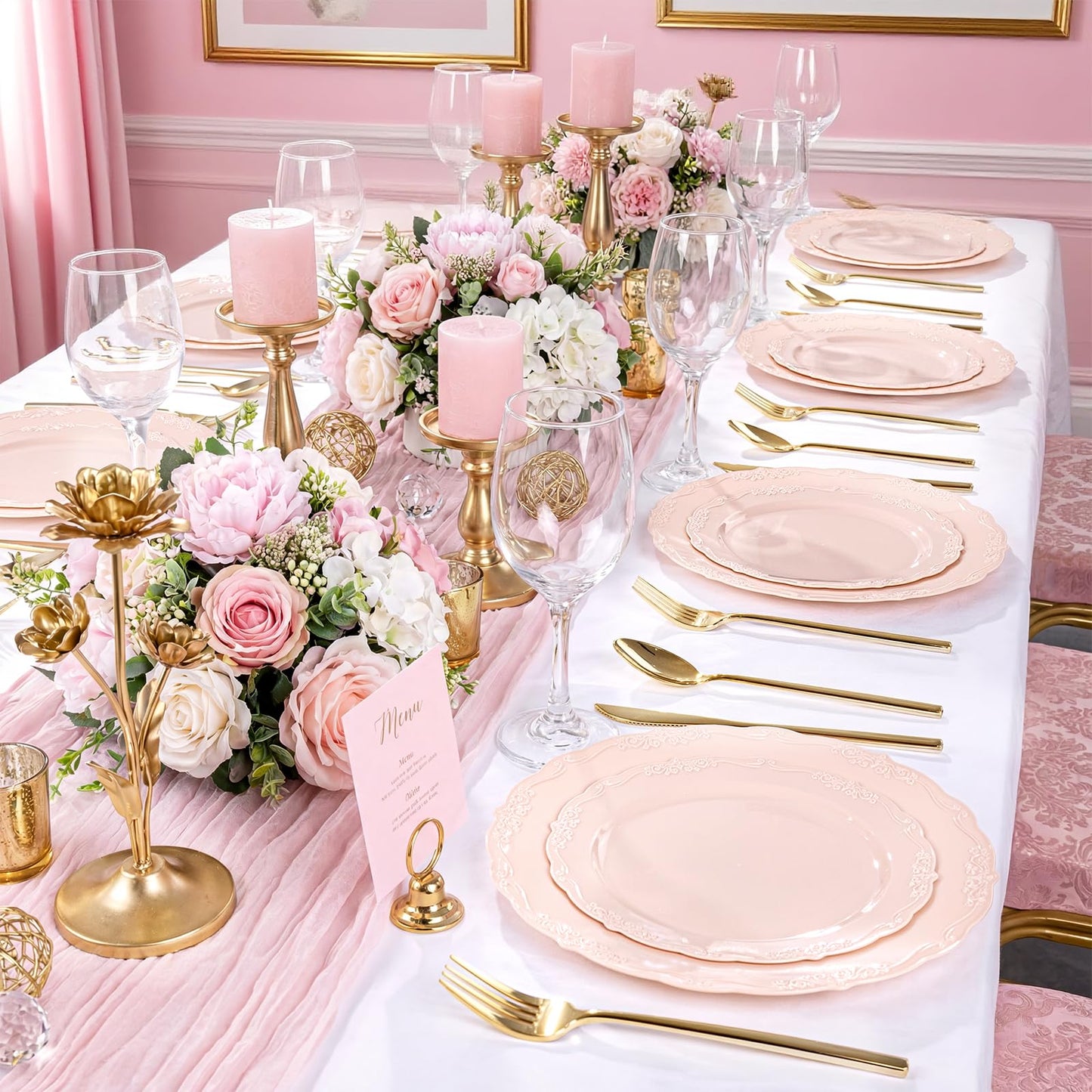 Tinybee 60PCS Pink Plastic Plates - Heavy Duty Pink Disposable Plates, Elegant Plastic Plates for Bridal Shower, Wedding and Party Including 30 Dinner Plates 10 '' & 30 Dessert Plates 7.5 ''