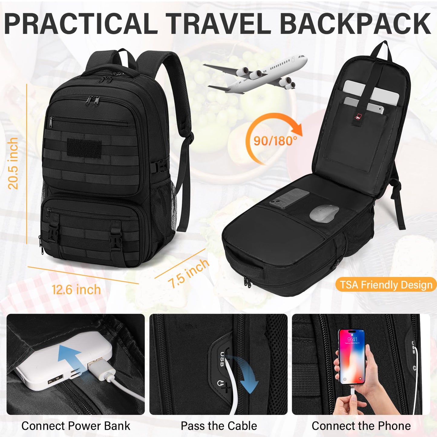 SDYSM Tactical Lunch Backpack for Men Women 17.3 Inch Laptop Backpack with USB Charging Port Military Work Backpack with Insulated Lunch Bag for Travel College Business, Black