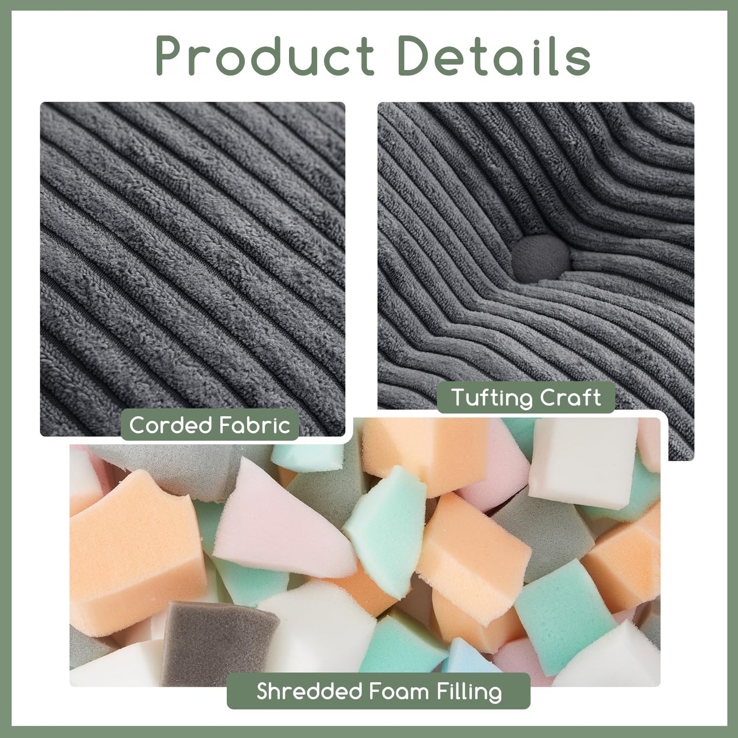 HIGOGOGO Square Stuffed Pouf Ottoman, Corduroy Poufs with Foam Chunk Filling, 21.5 X 21.5 Floor Poufs Foot Rest for Living Room,Dark Gray