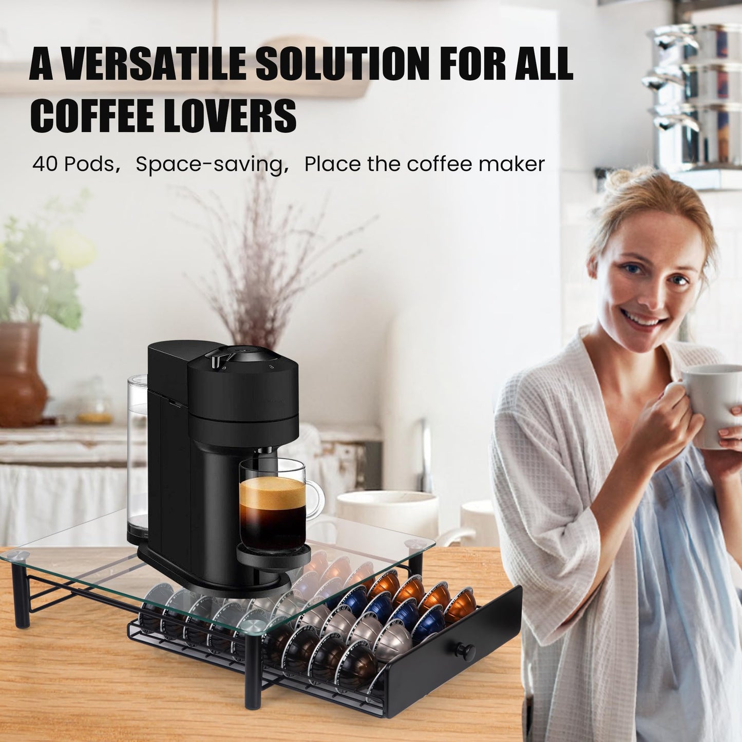 EASTSIGN Vertuo Pods Holder - Drawer Tray for 40-Vertuoline Capsules - Tempered Glass - Capsule Storage - Compatible with Nespresso Vertuoline Capsules - Pods Organizer