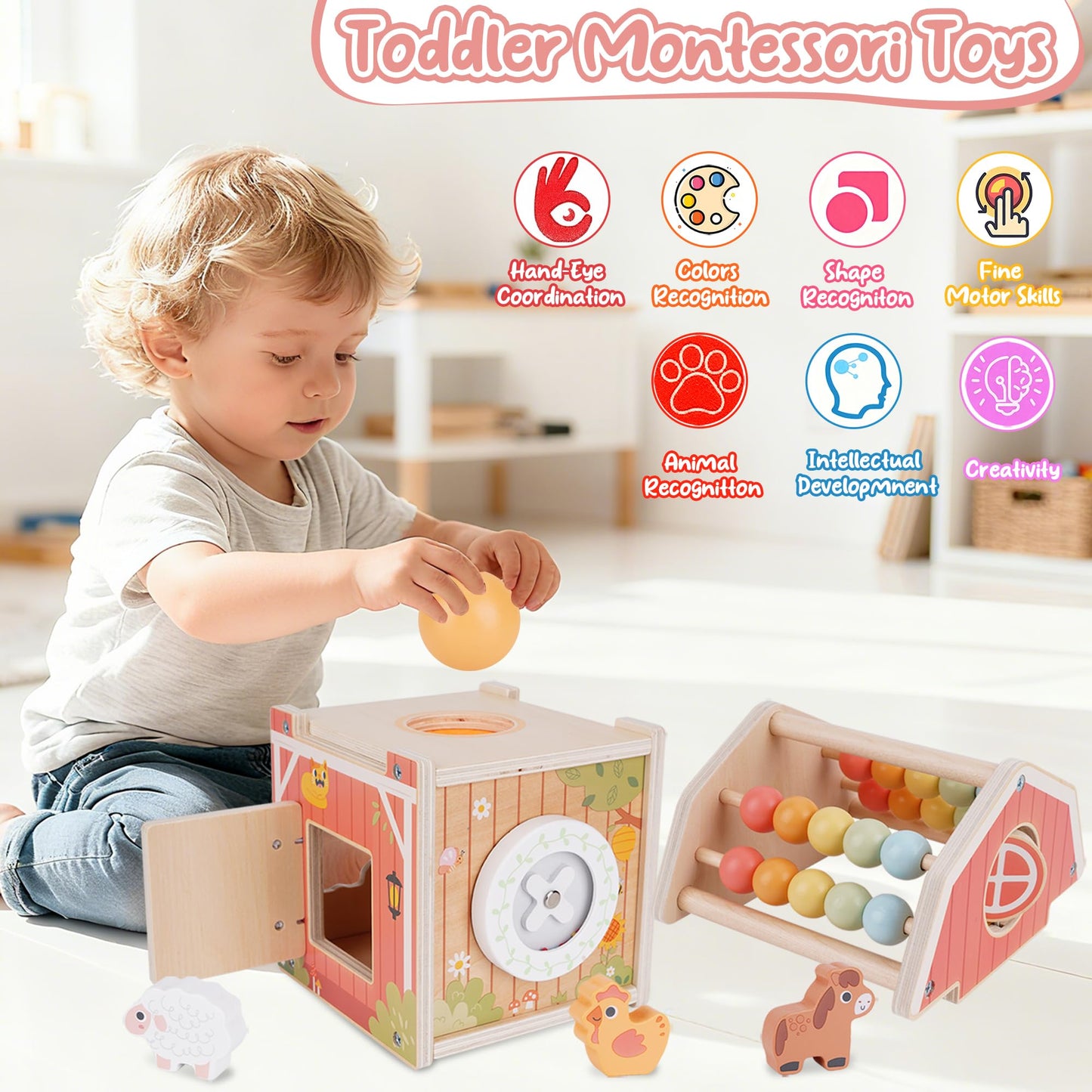 Montessori Toys for 1 2 3 Year Old, Wooden Farm Animal Toys for Toddlers 1-3, Baby 12-18 Months Toys, 1 2 Year Old Girl Boy Birthday Gift, Toddler Learning Educational Toys Gifts for Girls Boys