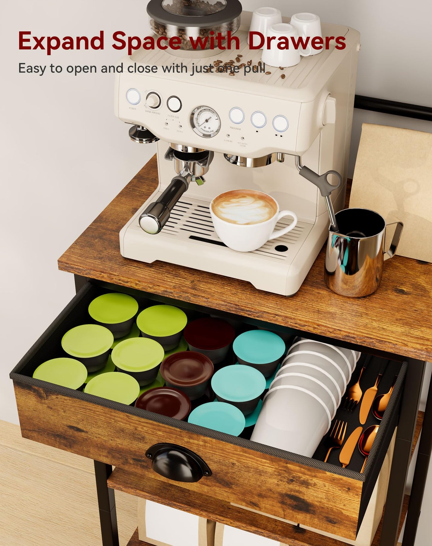 YMYNY Kitchen Shelf, Baker's Rack, Coffee Organiser, Coffee Bar, 5 Shelves, 8 Hooks, Fabric Drawers, Steel Frame, 43 x 33 x 134.5 cm, for Kitchen, Living Room, Vintage HBR009H
