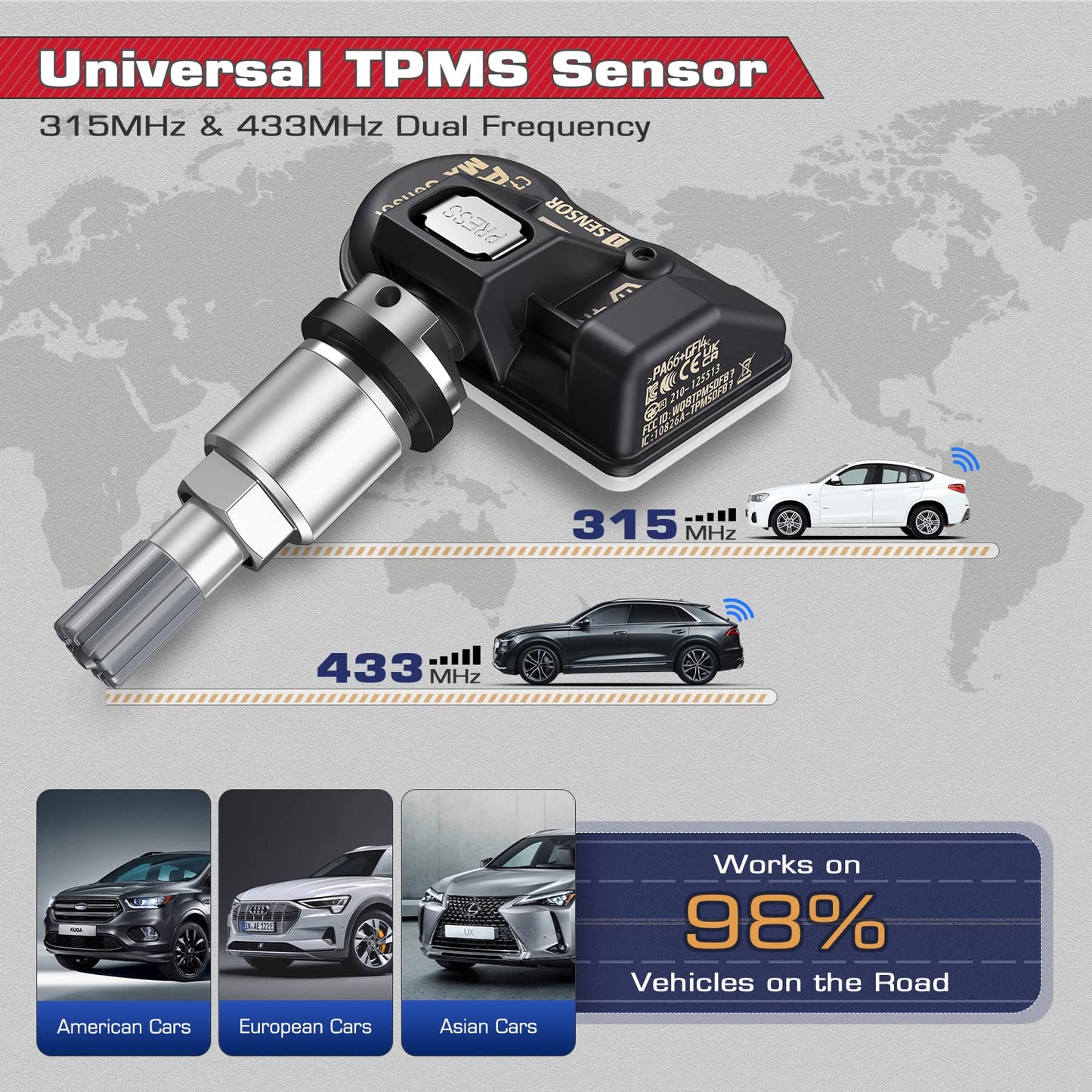 Autel TPMS MX Sensor 315Mhz/ 433Mhz 2in1 Tire Sensor, OE Level Press-Release Universal TPMS Sensors 100% Cloneable by TPMS Tool TS408 TS501 PRO TS508 TS508WF MS906TS MS906 PRO-TS (1PCS Metal Stem)
