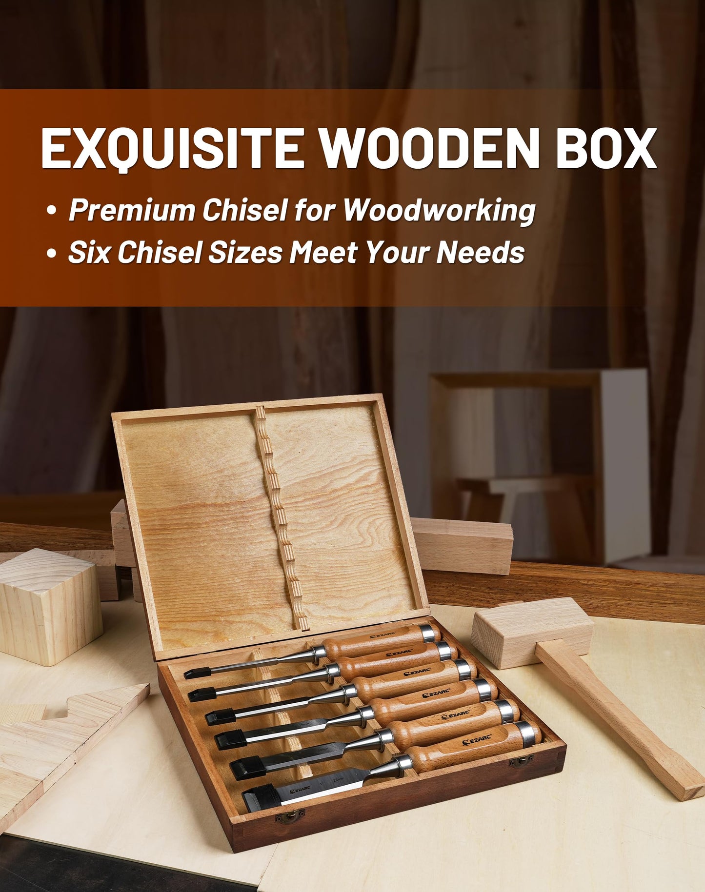 Wood Chisel Tool Sets, 6 Pieces Chrome Vanadium and Hard Ashtree Handle Woodworking Chisel Kit with Premium Wooden Case for Carpentry Craftsman