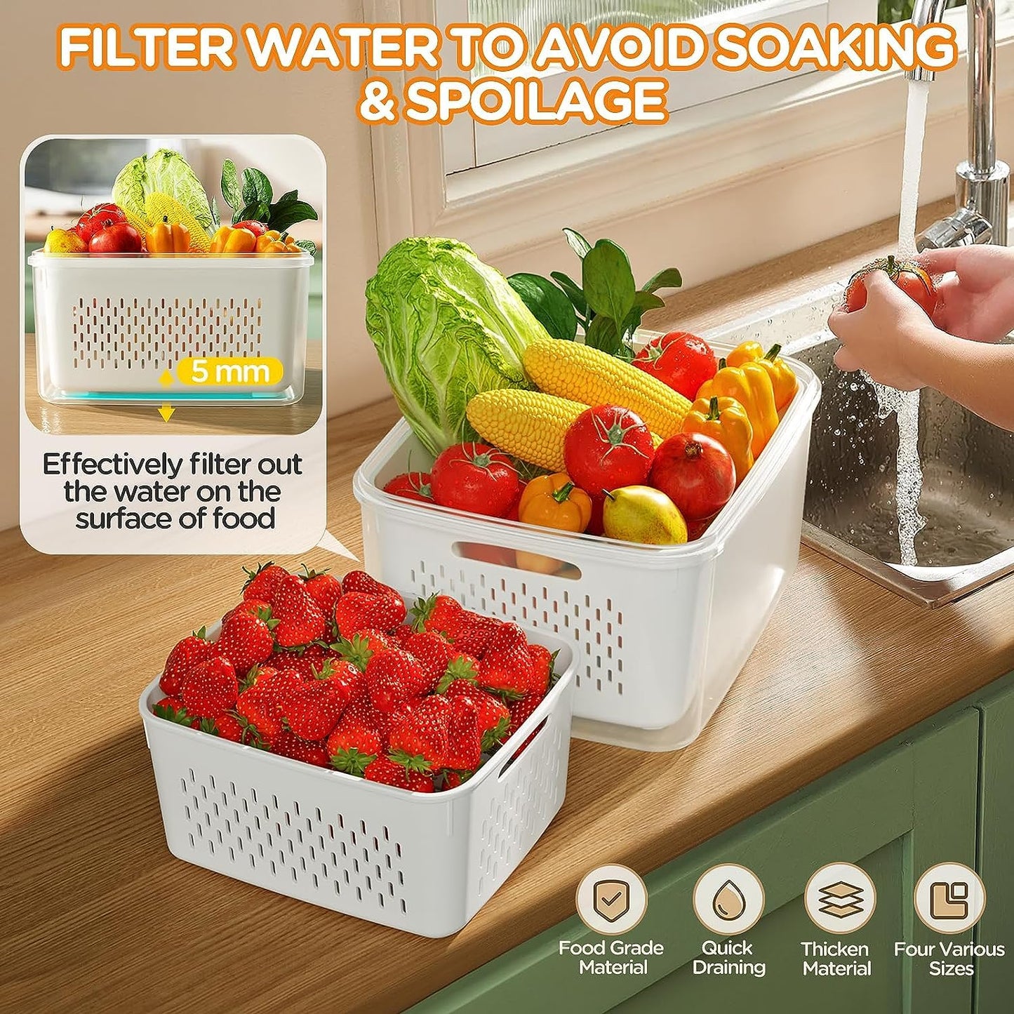 JSCARES 5-Pack Fruit Storage Containers for Fridge with Removable Colanders, 5 in 1 Plastic Fresh Saver Containers BPA Free with Lid for Salad Berry Lettuce Vegetables Meat Keeper (5 Pack)