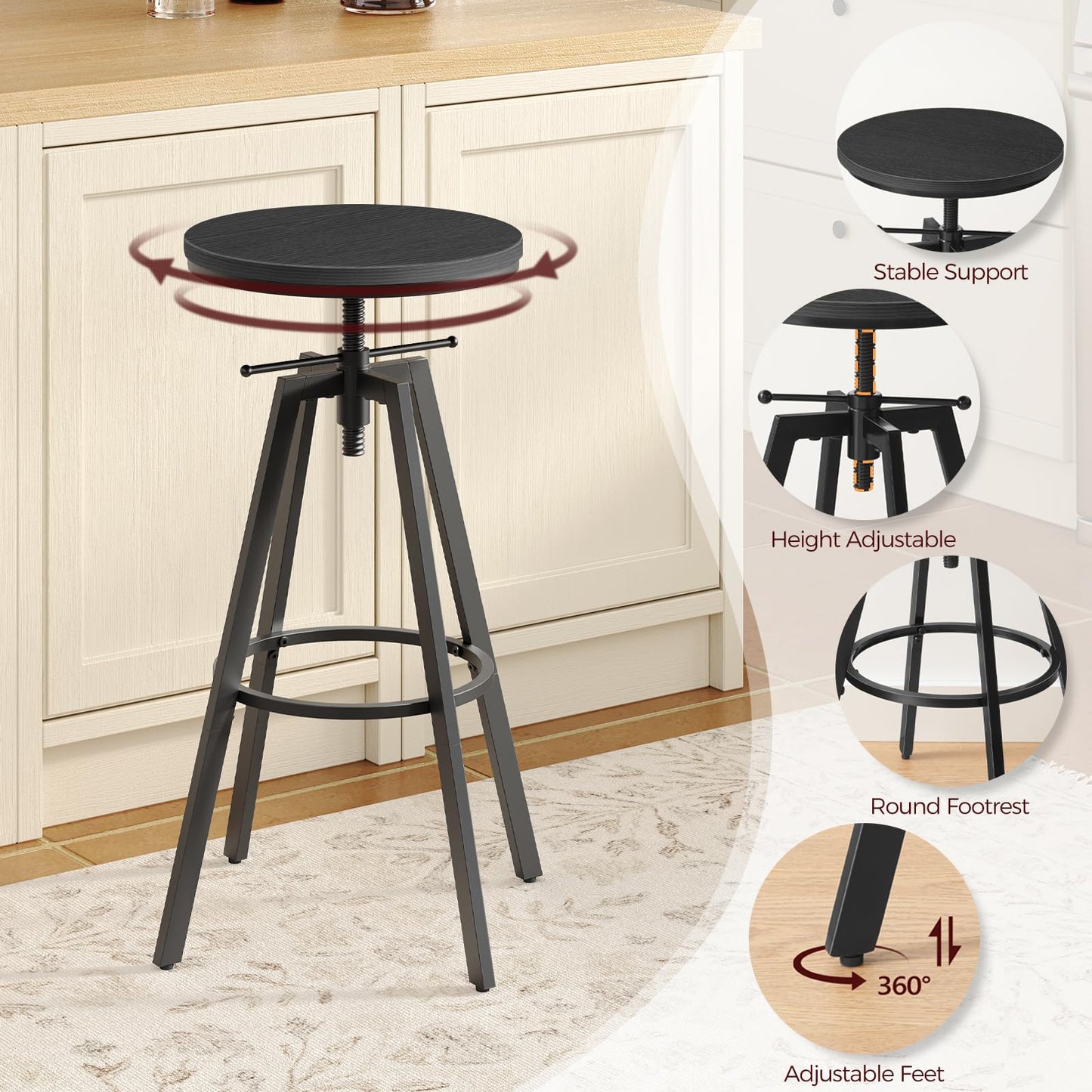 MAHANCRIS Bar Stools, Round Bar Chairs with Sturdy Metal Frame, Set of 2 Industrial Bar Stools, Height Adjustable, Kitchen Breakfast Stools, for Bar, Dining Room, Black BAHB0701