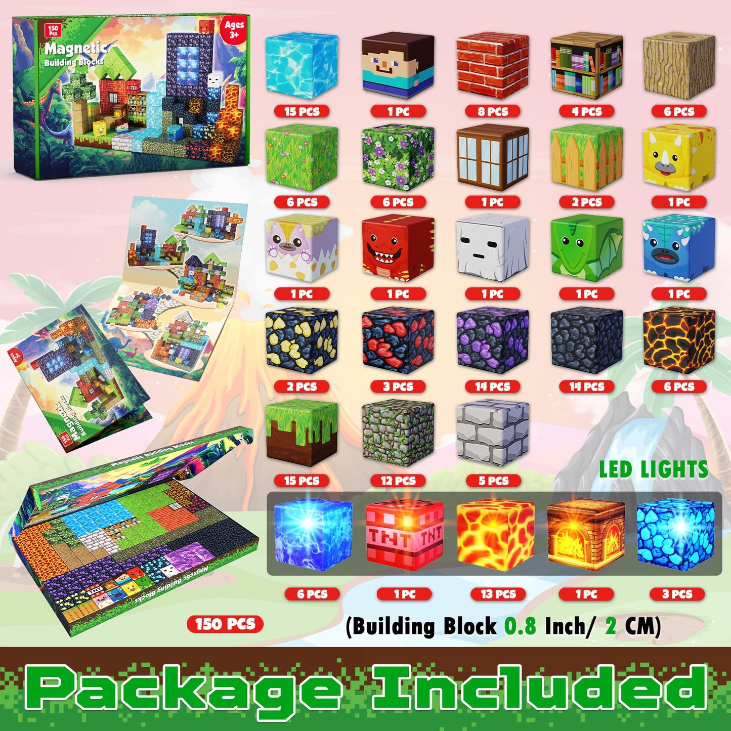 GraceDuck Magnetic Blocks with LED Light 150 PCS Build Dinosaur Volcano Forest Castle, Magnetic Building Blocks Stacking Cubes Sensory Toys for Kids Gifts for 3 4 5 6 7 8 9 10 12 Year Old Boys Girls