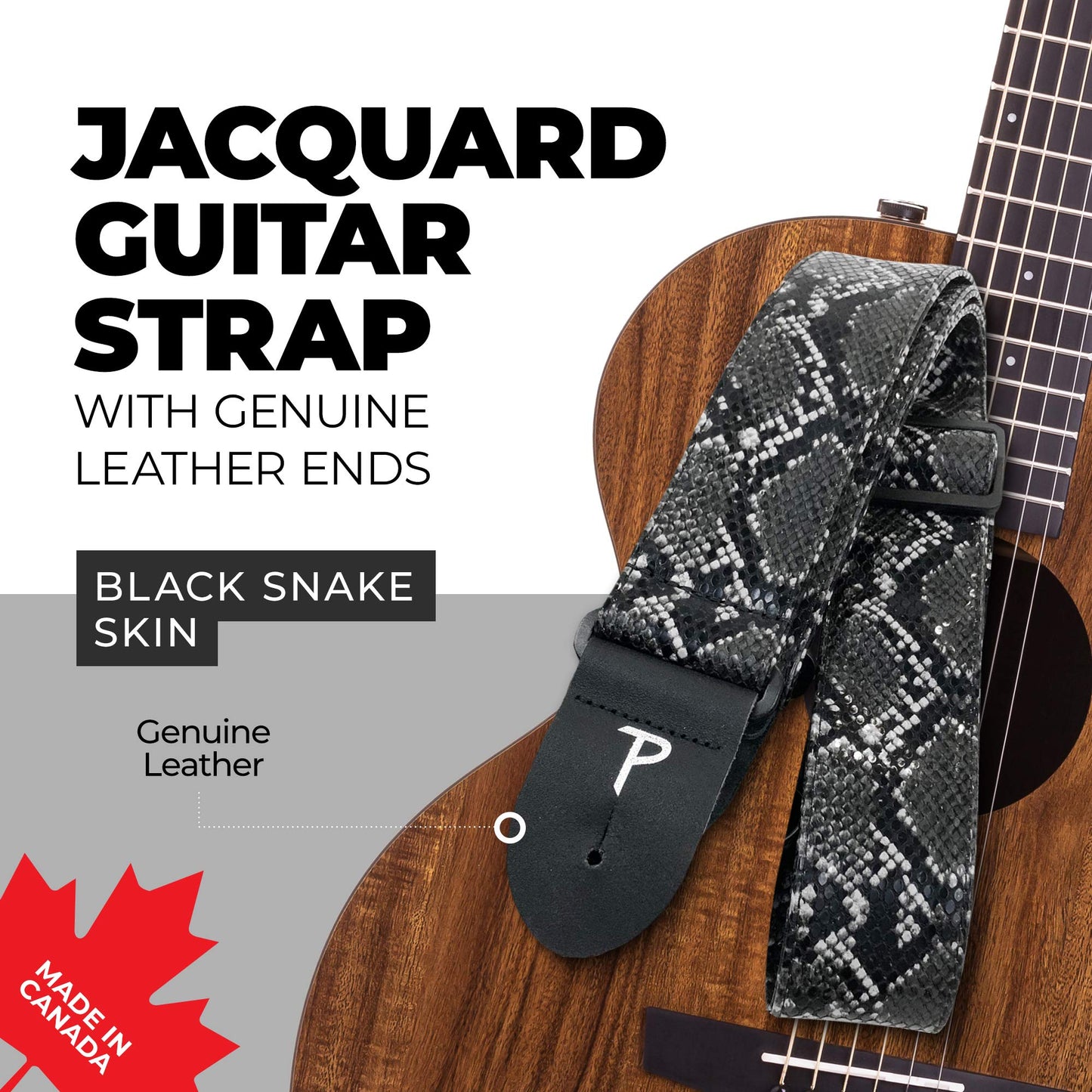 Perri’s Leathers Ltd. - Guitar Strap - Faux Snakeskin - Black - Adjustable - For Acoustic/Bass/Electric Guitars - Made in Canada (VGS-7555)