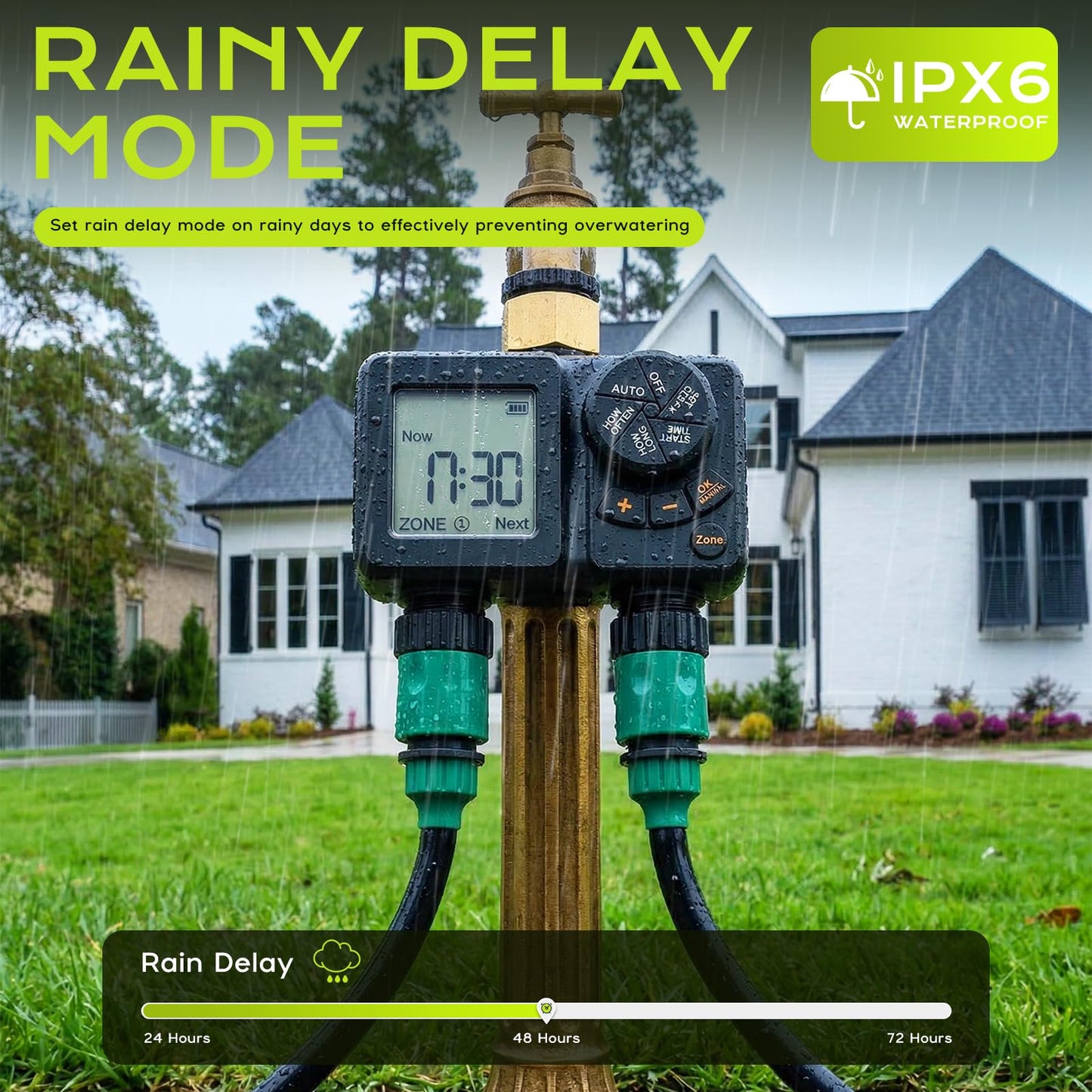 2 Zone Water Timer for Garden Hose, 2000mAh Rechargeable Sprinkler Timer with Brass Inlet, 2.8" LCD, IPX6 Waterproof, Rain Delay/Manual/Auto Mode, Hose Timer for Drip Irrigation Lawn Watering System