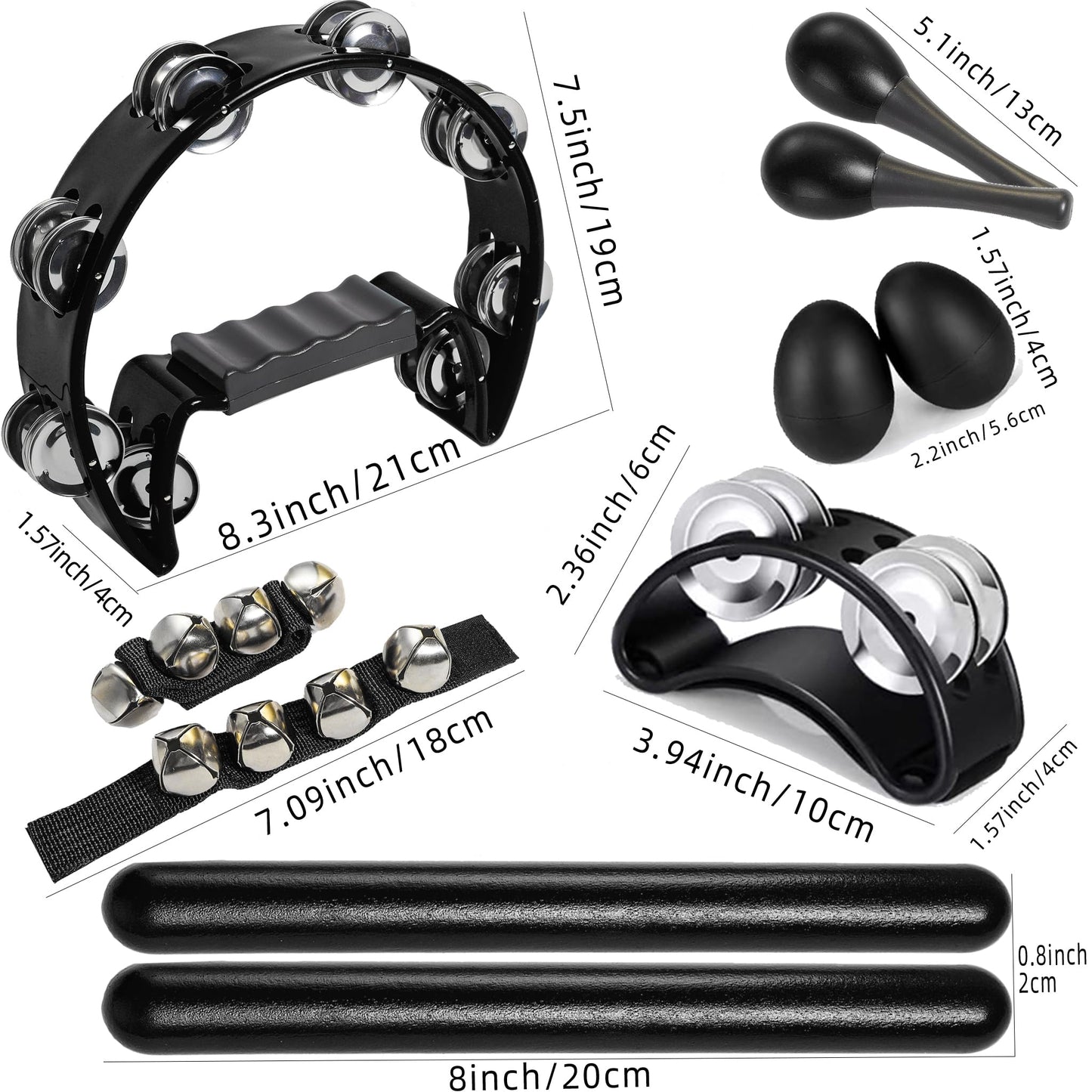 8 Pcs Tambourines for Adults, Hand Held Half Moon Tambourine Foot with Bells Wood Rhythm Sticks Egg Shakers Musical Hand Percussion Instrument Set for Church KTV School Party Music Supplies