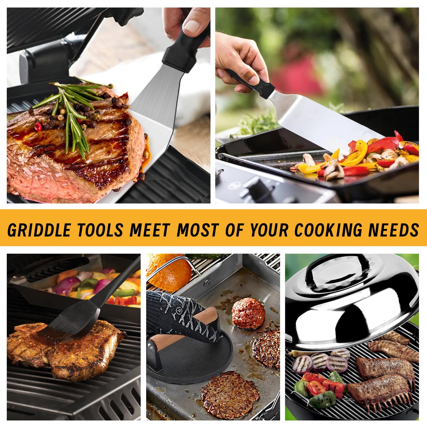 Onlyflame 29PCS Professional BBQ Griddle Tool Kit for Flat Top Grill Blackstone and Camp Chef - Stainless Steel Griddle Spatulas Accessories Kit with Burger Press, Carry Bag and More Tools
