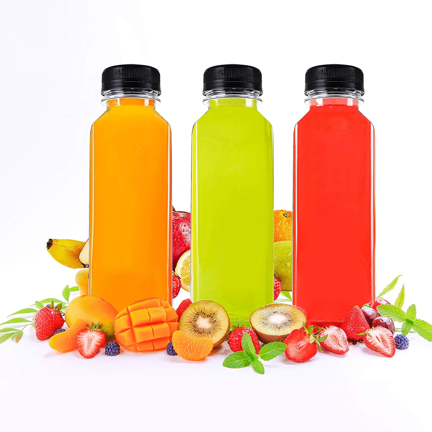 Cedilis 20 Pack 12oz Plastic Juice Bottles with Black Cap, Clear Reusable Containers with Lids, Great Disposable Bottles for Making Juice, Milk, Salad Dressing, Smoothie and Other Beverages