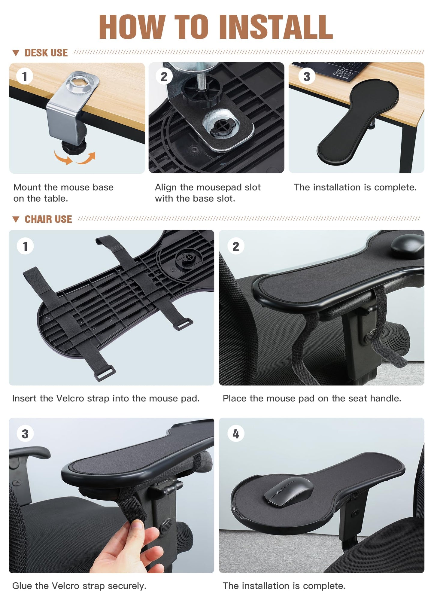 YuPinDiZu Upgrade Chair arm Mouse pad, Ergonomic Arm Rest Mouse Pads for Chairs and Desk, Adjustable Mouse Tray,Forearms Pressure Relief Computer Desk Extender, Black (Black（YU8351）)