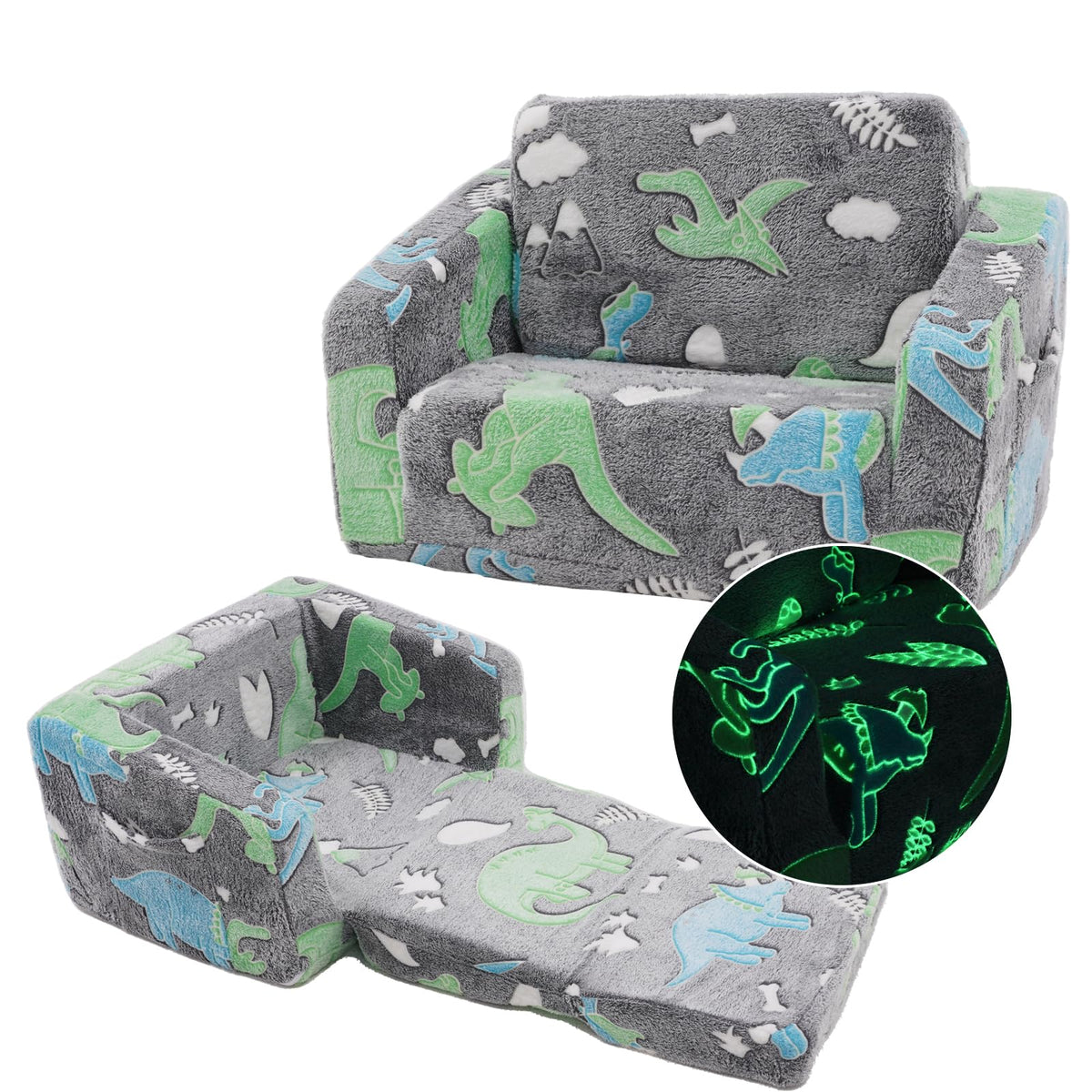 Toddler Couch, Foldable Toddler Chair, Kids Couch 2 in 1, Pull Out Bed Kids Sofa for Playroom, Removable Cover Armrest, Glow in The Dark Open Couch, 91 cm Length (Grey Dinosaur)