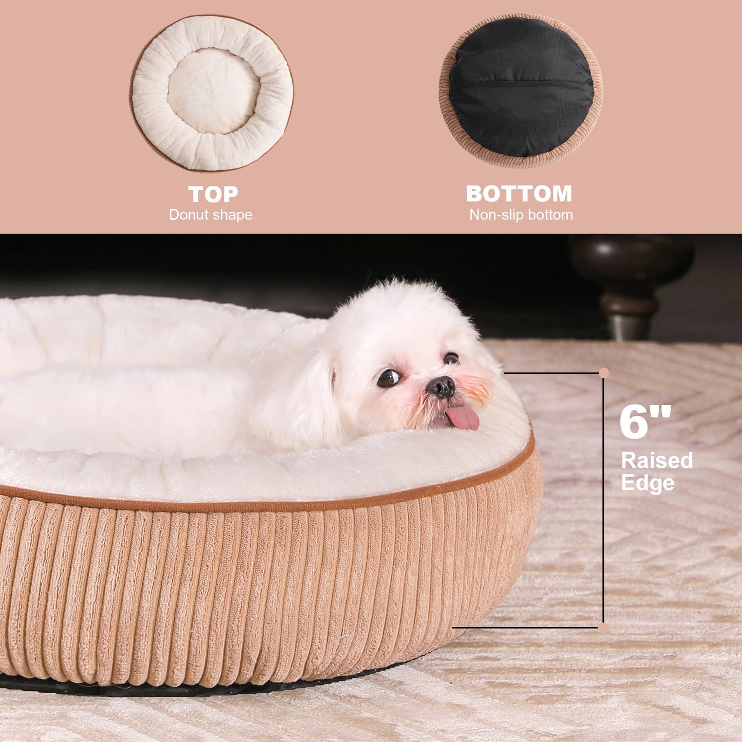 Bedfolks Donut Cat and Dog Bed,20 Inches Calming Round Dog Beds for Small Dogs,Washable Anti Anxiety Cuddler Puppy Bed with Non-Slip Bottom(Brown,XS)