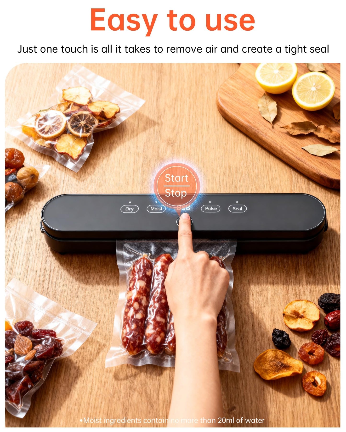 Vacuum Sealer, Automatic Food Preservation System with Digital Display, 75Kpa Super Suction Power, 20 Food Preservation Bags Included, Dry/Moist Food Modes, One-Touch Operation for Maximum Freshness