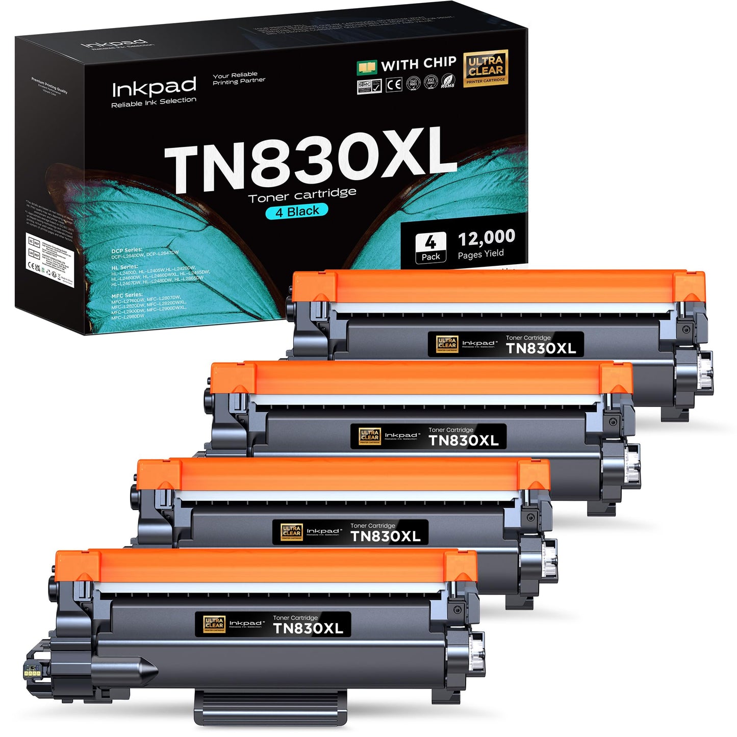 TN830XL Toner Cartridges Replacement for Brother TN830XL TN-830 TN830 XL/V/R Toner Cartridge Compatible with HL-L2460DW DCP-L2640DW HL-L2400D HL-L2405W HL-L2460DWXL Printer (4 Pack,Black)