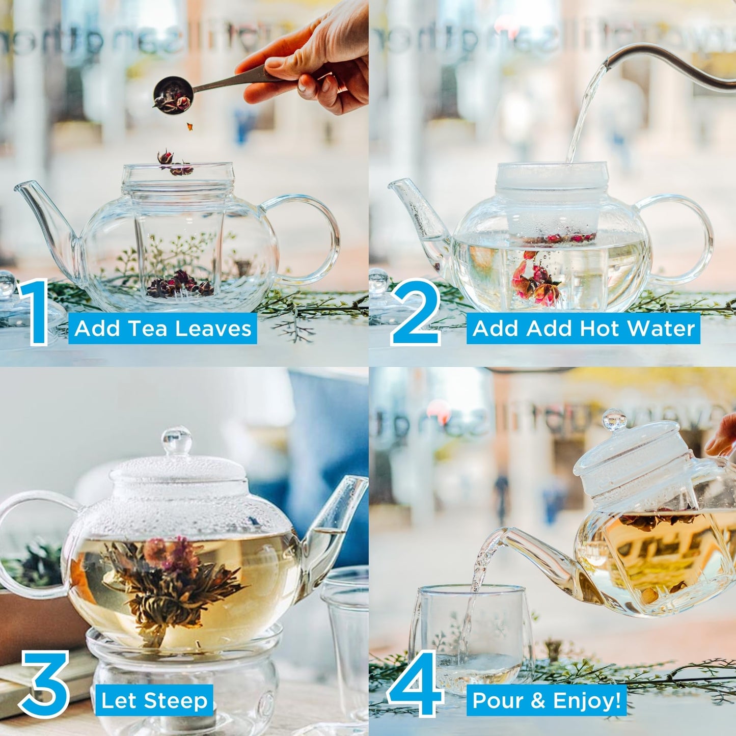 GROSCHE Monaco Glass Tea pot with infuser 1250 ml 42 fl. oz capacity. Glass Teapot with glass tea infuser, heatproof glass for loose leaf tea or blooming tea